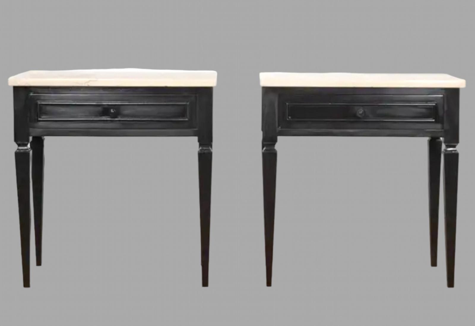 A Pair Of Marble Topped Ebonised Side/Bedside Tables (1 of 4)