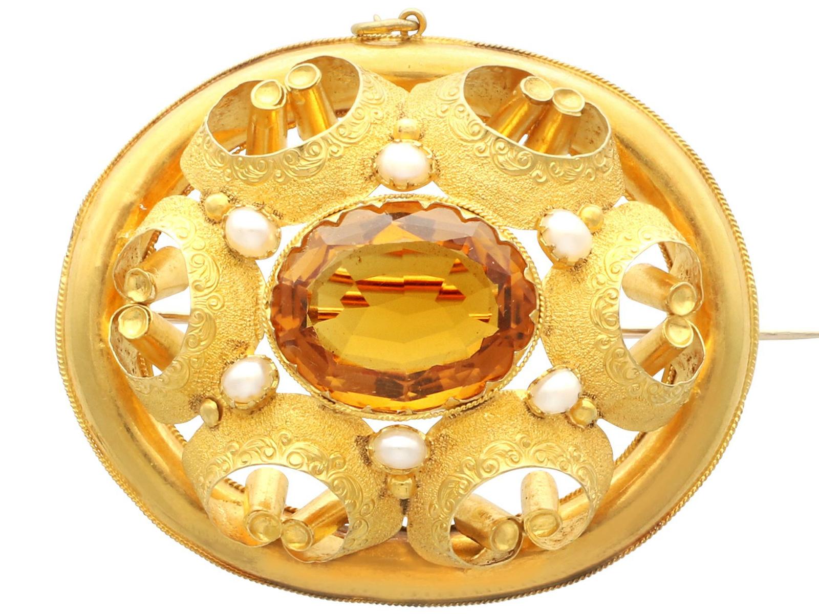 14.32ct Citrine & Pearl, 20ct Yellow Gold Brooch - Antique Victorian c.1860 (1 of 9)