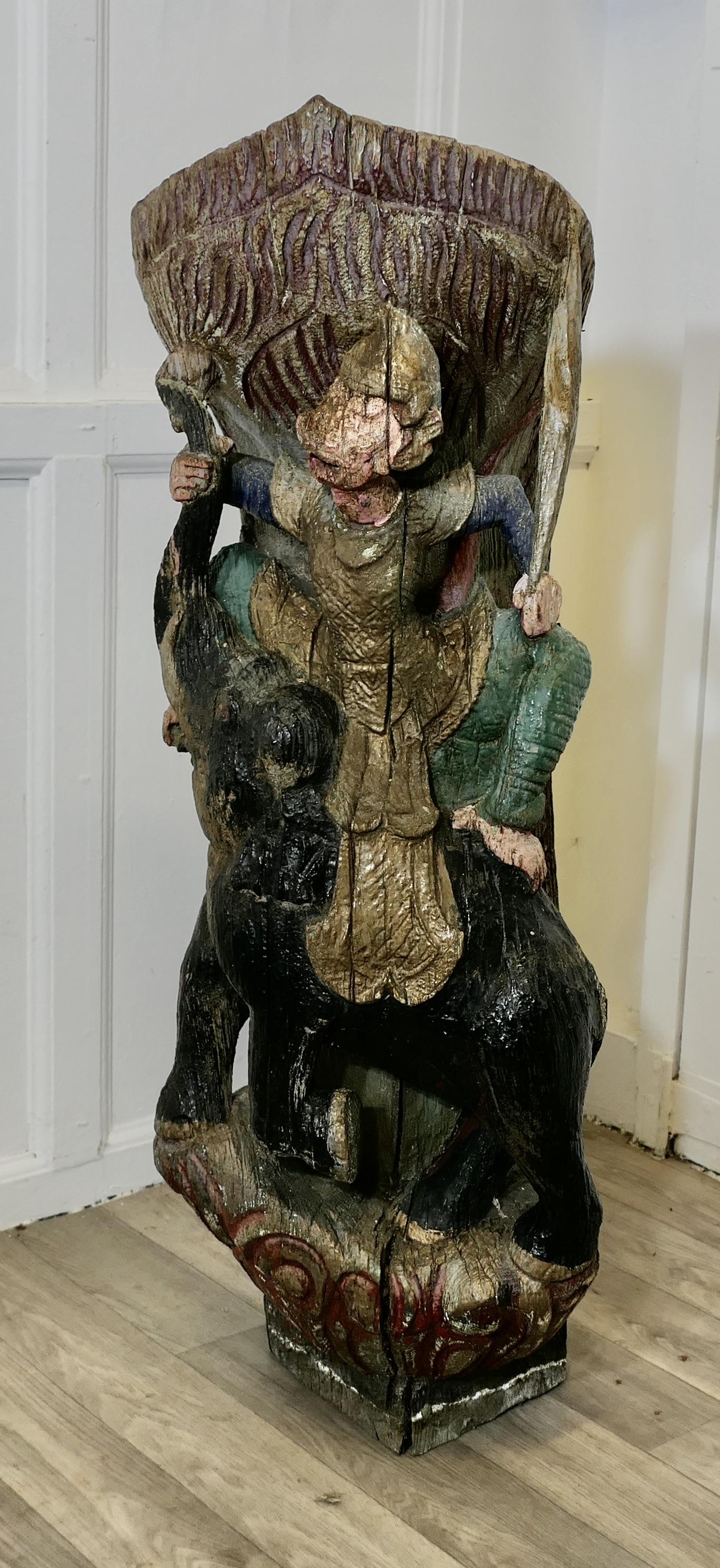 Burmese Temple Carving, Polychrome Monkey & Elephant (1 of 9)