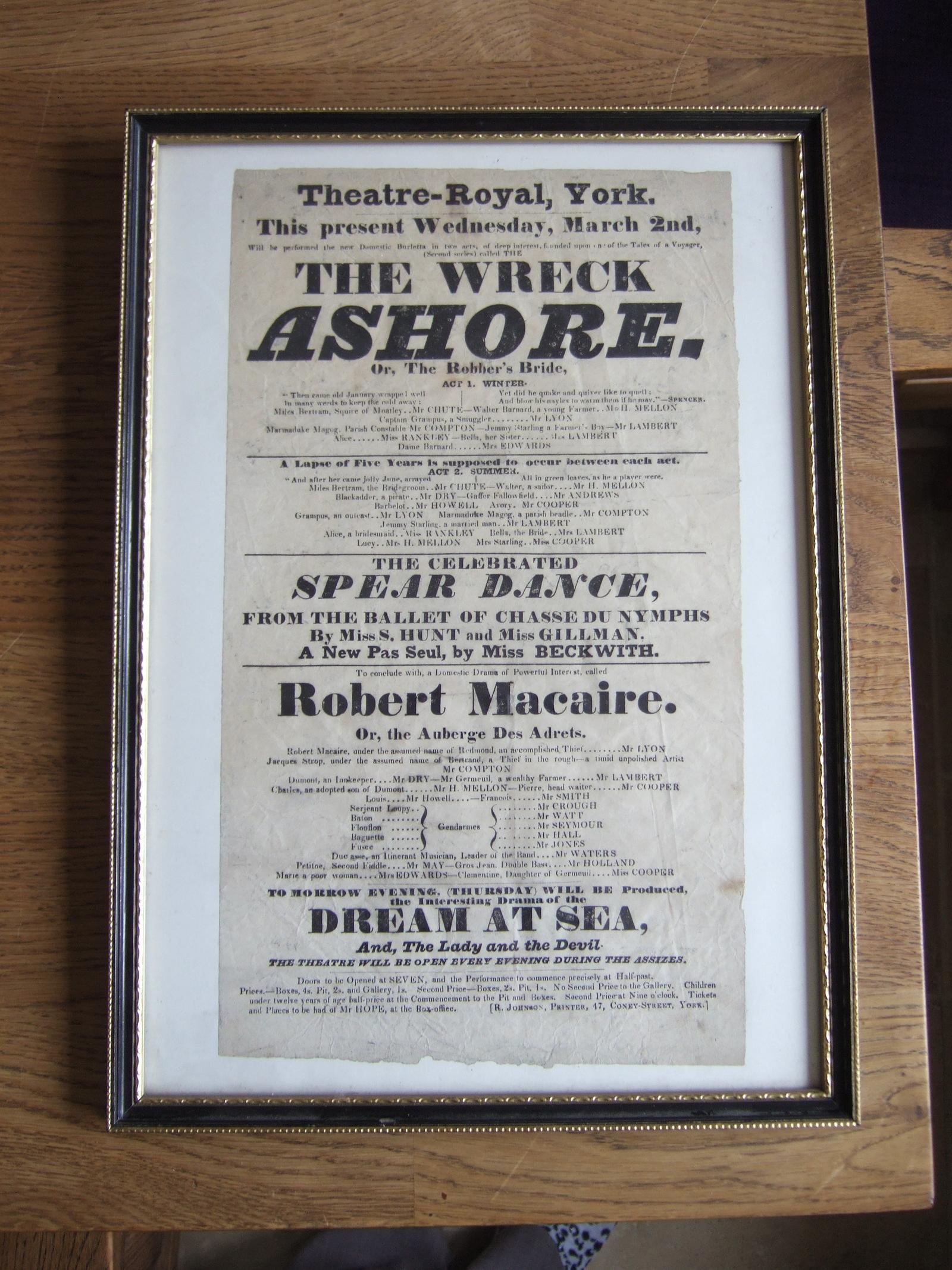 Early 19th Century Theatre Playbill from Theatre Royal, York, Featuring "The Wreck Ashore" (1 of 4) Early 19th Century Theatre Playbill from Theatre Royal, York, Featuring "The Wreck Ashore" (1 of 4)
