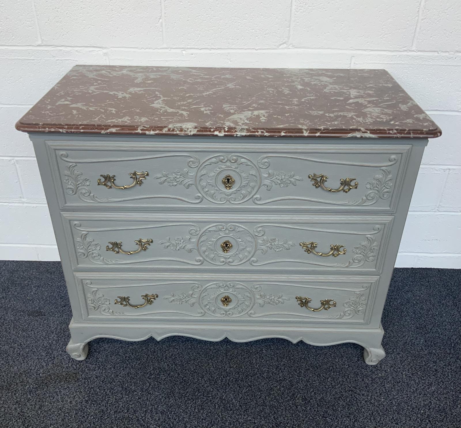 PAINTED FRENCH MARBLE TOPPED CHEST OF DRAWERS (1 of 12) PAINTED FRENCH MARBLE TOPPED CHEST OF DRAWERS (1 of 12)