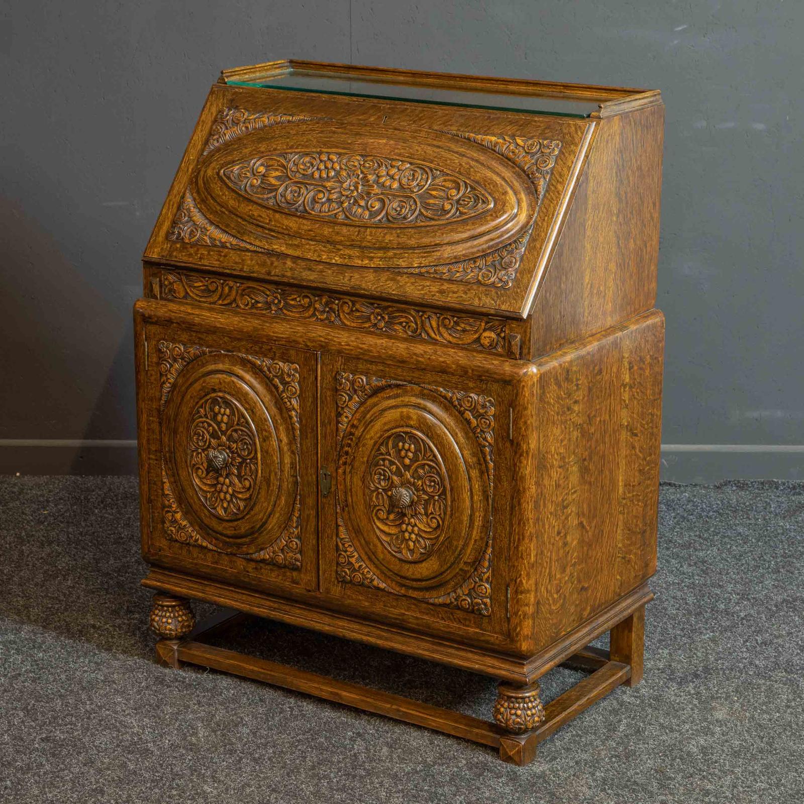 Early 20th Century Carved Oak Bureau (1 of 17)