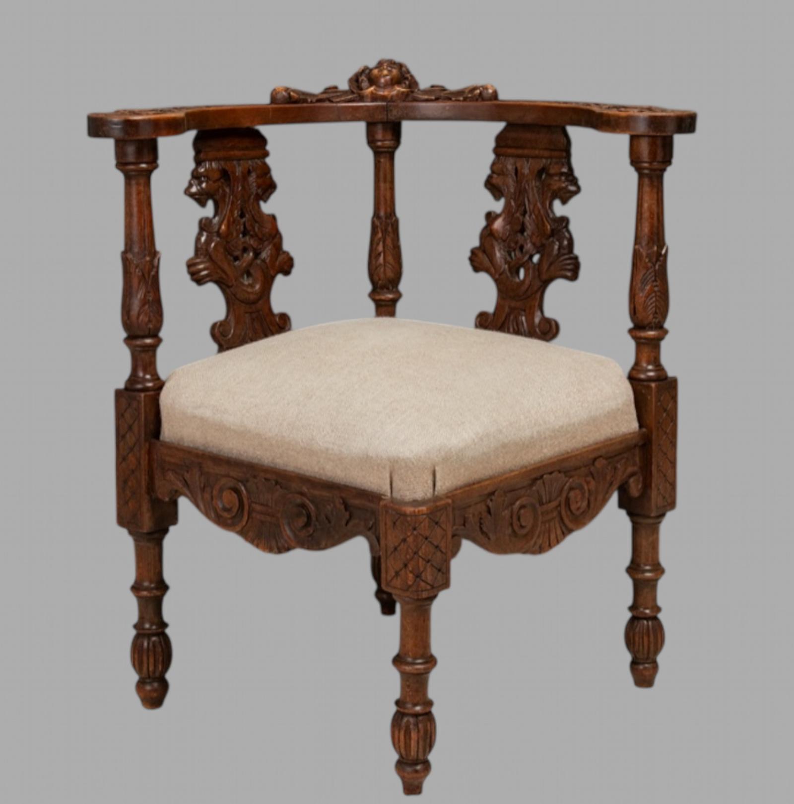Lovely Carved Italian Walnut Figural Corner Chair c.1860 (1 of 5)
