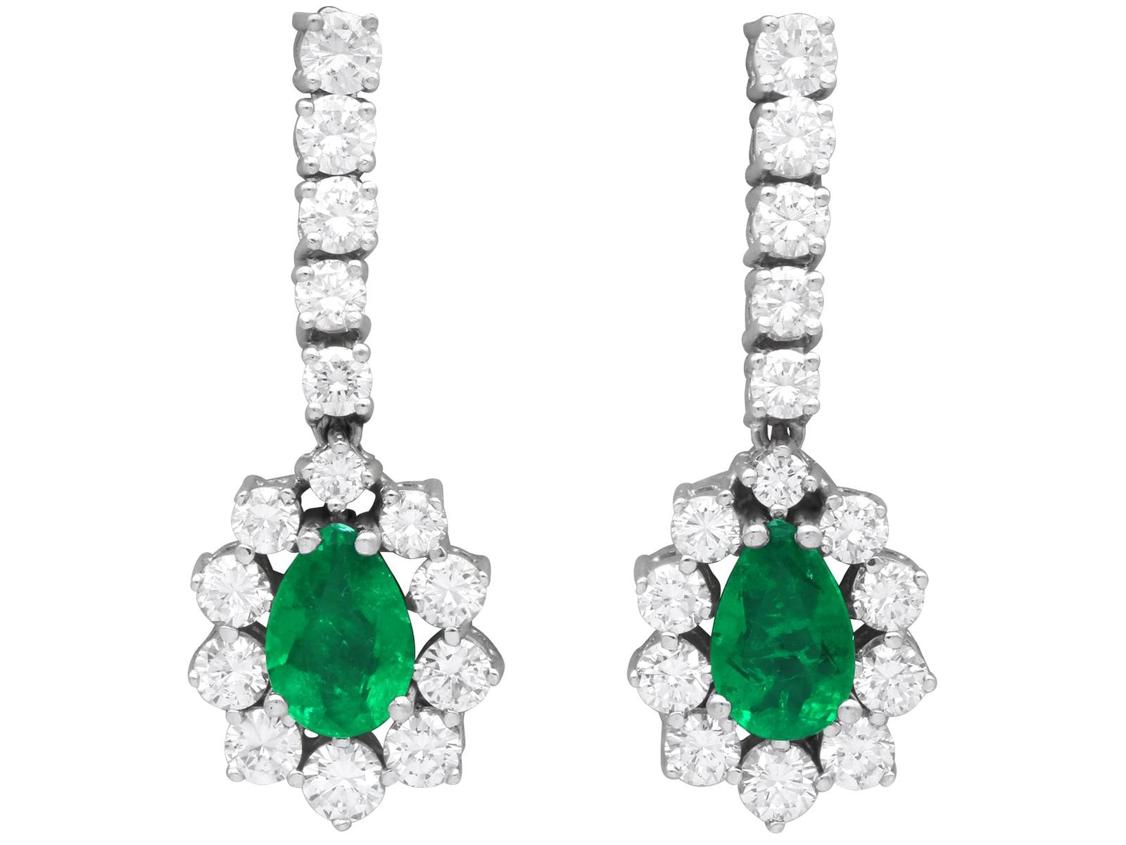Vintage 1.48ct Emerald and 2.35ct Diamond 18ct White Gold Drop Earrings Circa 1960 (1 of 9)