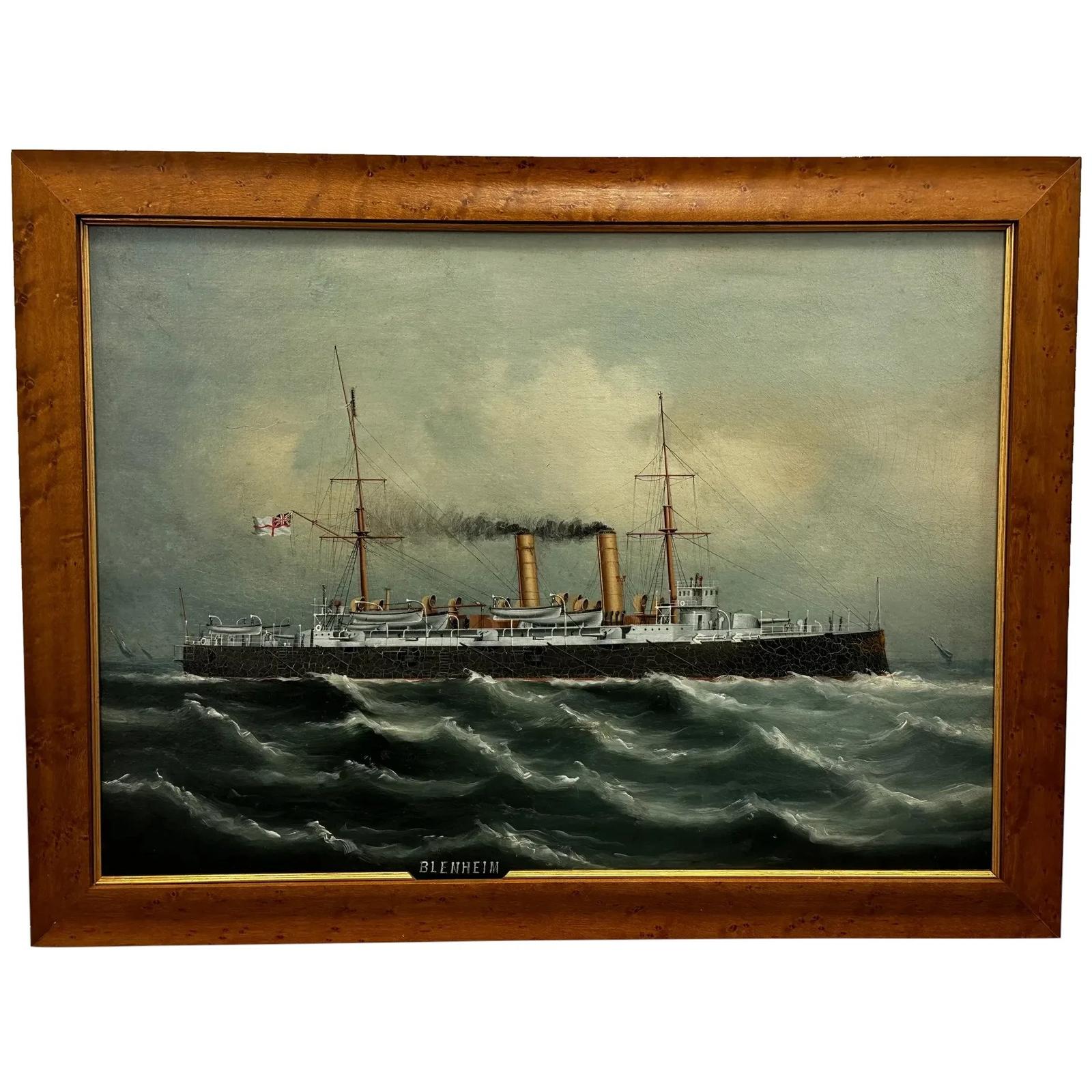 Oil Painting Marine Ship Blake Class Cruiser Royal Navy HMS Blenheim c.1900 (1 of 55)