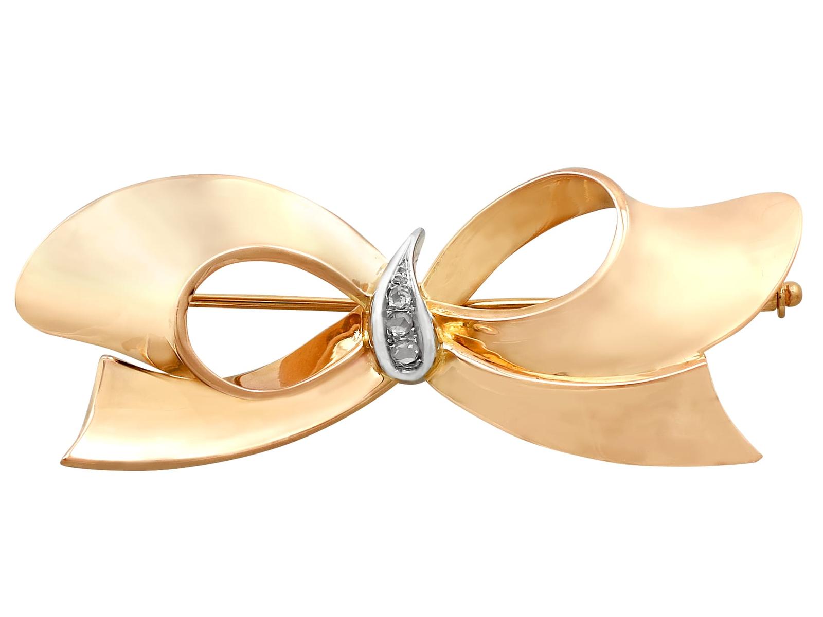 Vintage Belgian Diamond & 18ct Yellow Gold Bow Brooch c.1940 (1 of 9)