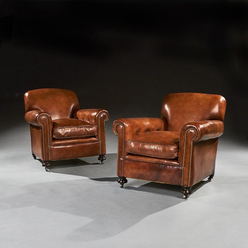 Pair of Antique Leather Club Armchairs on Bun Feet (1 of 7) Pair of Antique Leather Club Armchairs on Bun Feet (1 of 7)