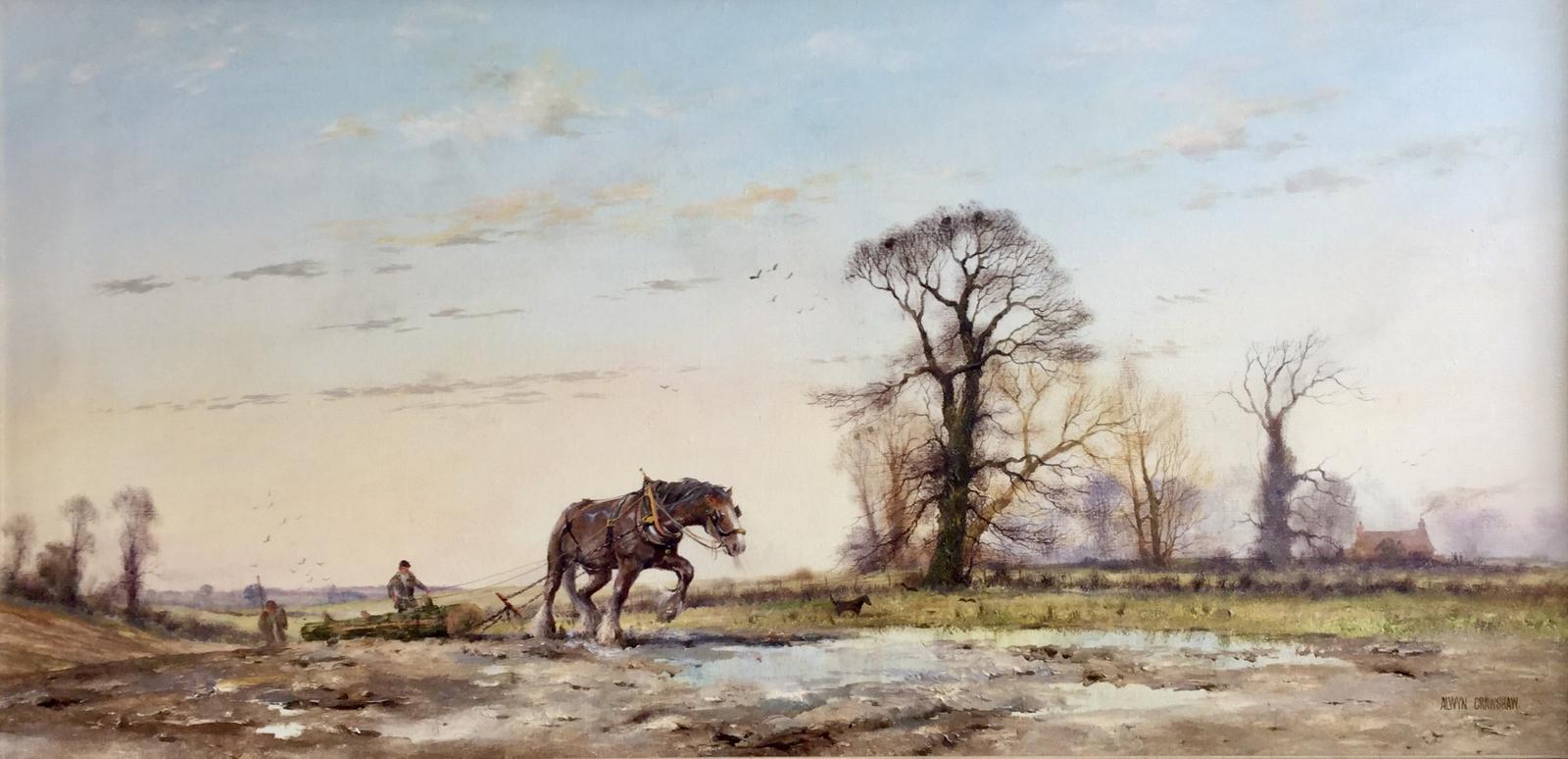 Alwyn Crawshaw Oil Painting ‘Winter Landscape with Farmer & Horse Logging’ (1 of 2)
