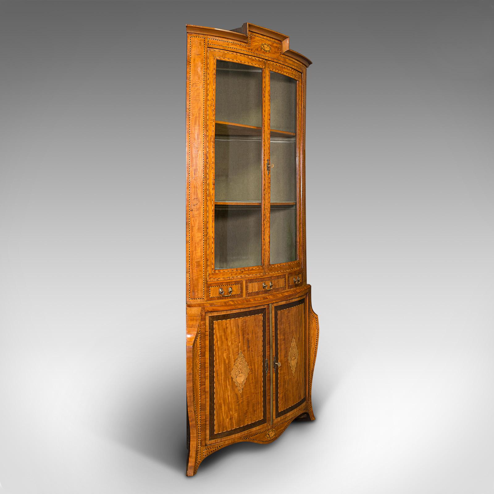 Antique Showcase Corner Cabinet, Dutch, Satinwood, Display Case, Victorian c.1880 (1 of 12)