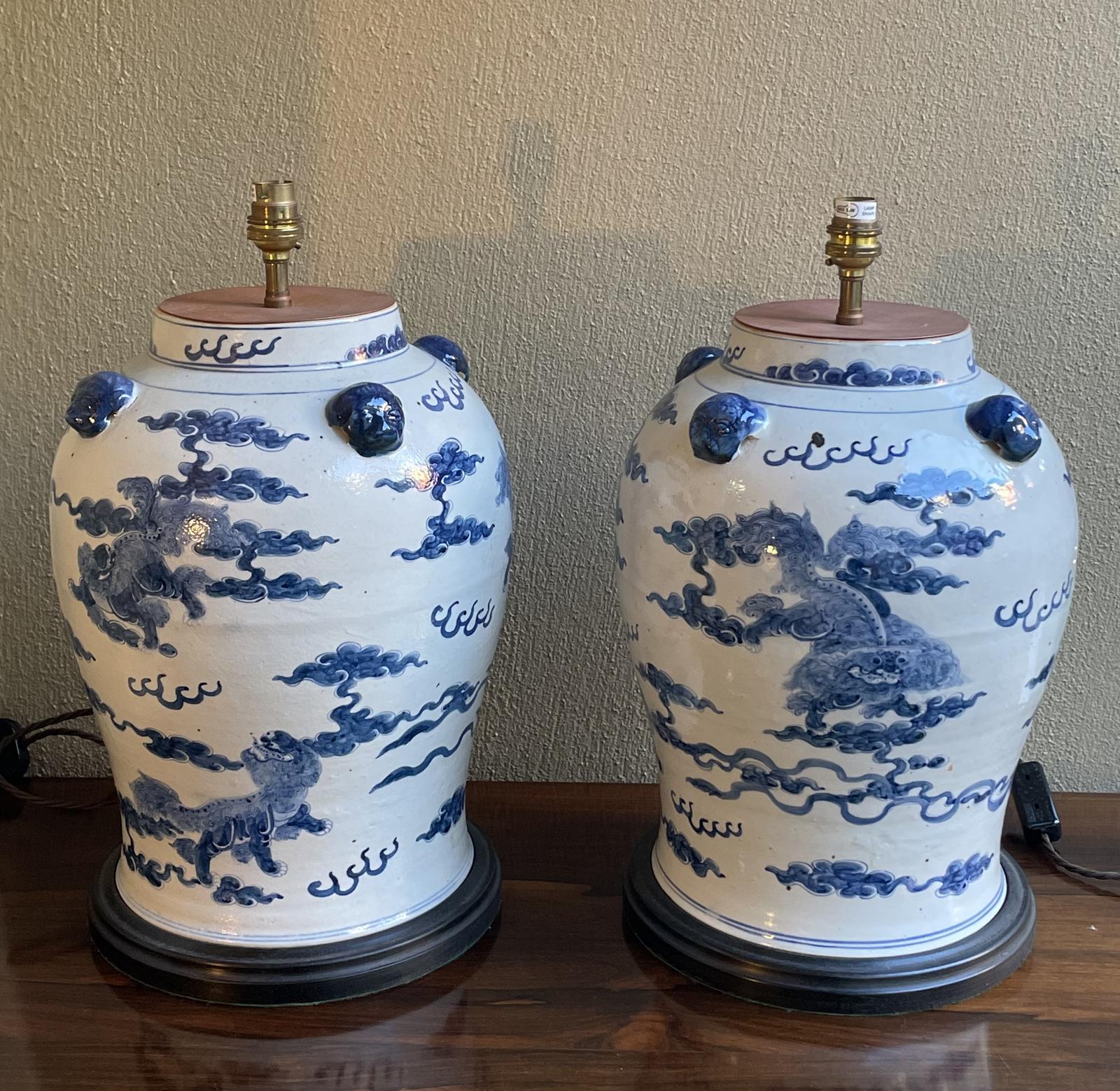 Large Pair of Chinese Blue and White Ginger Jar Lamps (1 of 5)