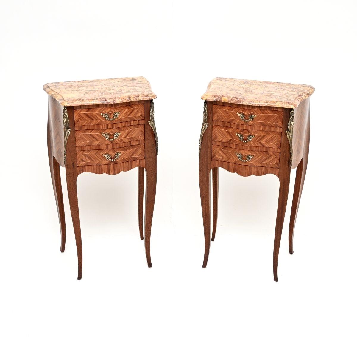 Pair of Antique French Inlaid Parquetry Marble Top Bedside Chests (1 of 10) Pair of Antique French Inlaid Parquetry Marble Top Bedside Chests (1 of 10)