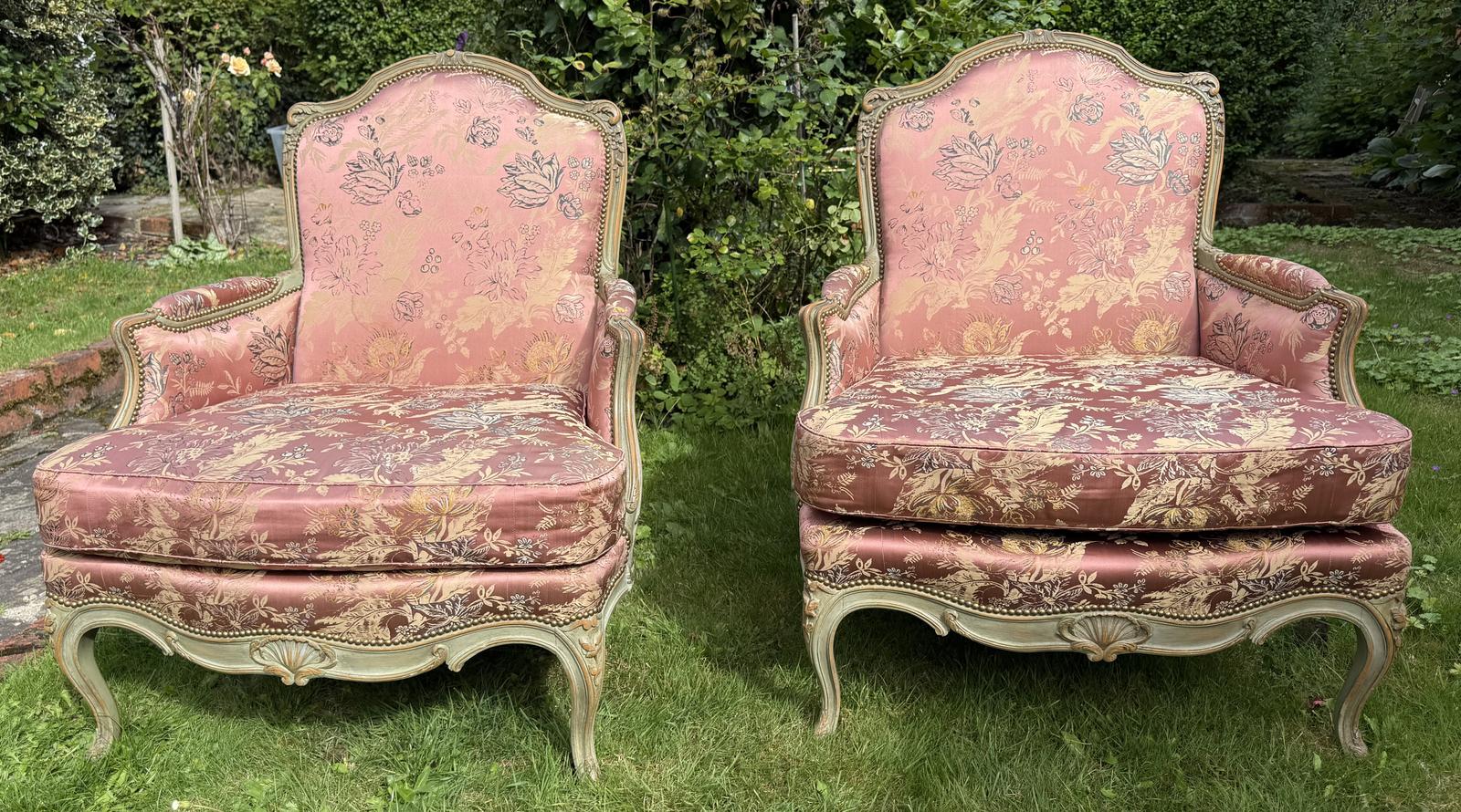 Pair of Painted Bergere Armchairs in Silk Fabric (1 of 7)