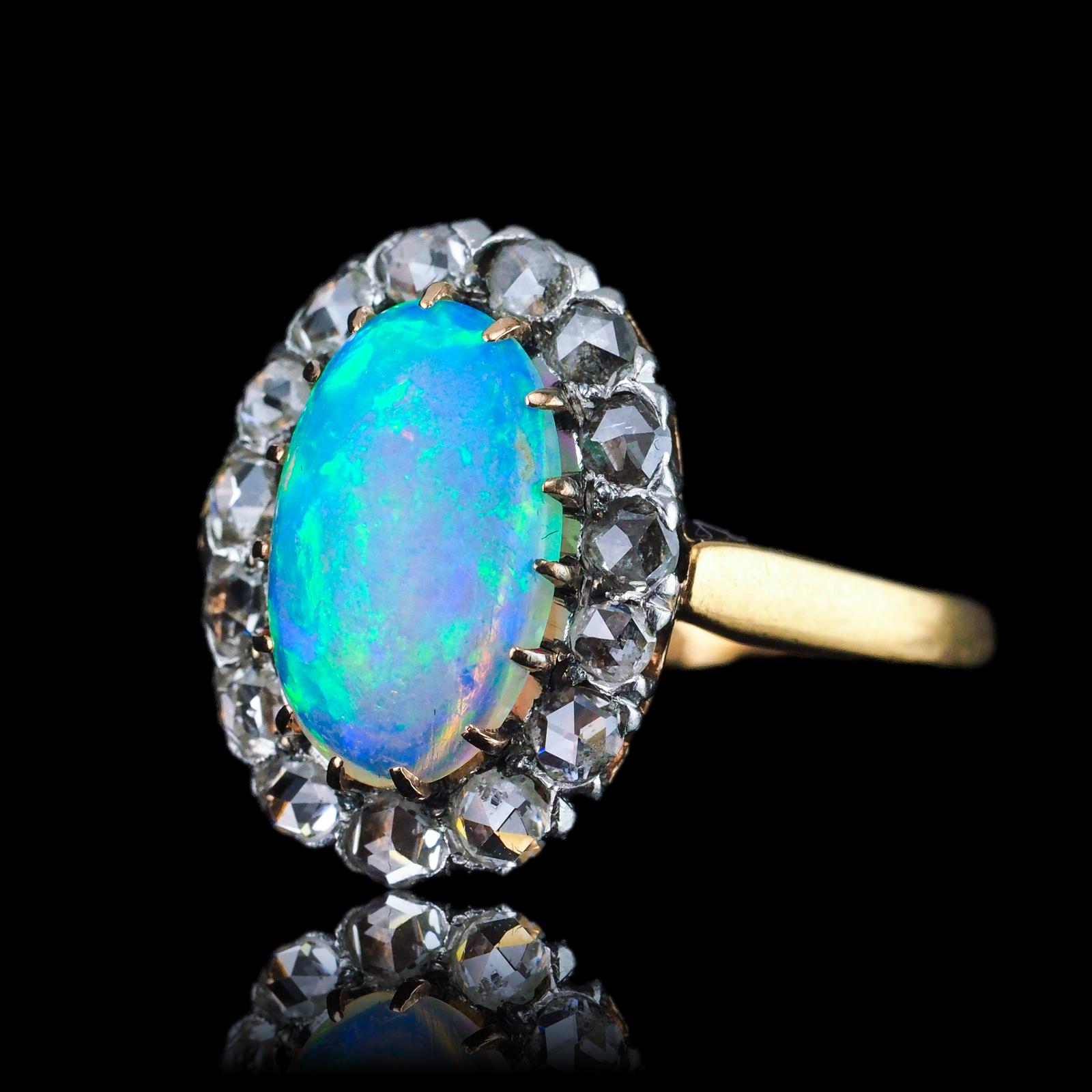 Antique Victorian Opal Cabochon & Diamond Cluster Ring 18K Gold - c.1880 (1 of 16)