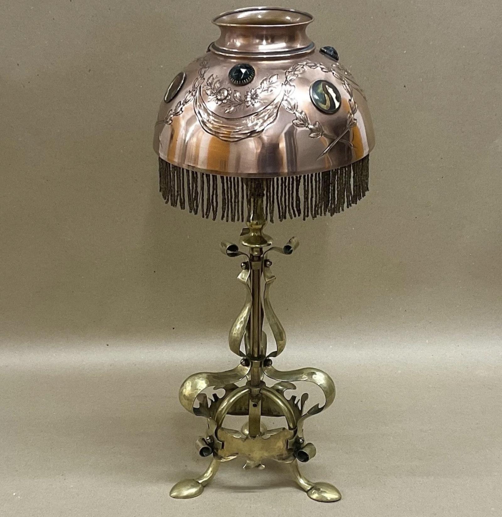 Art Nouveau Brass & Copper Table Lamp with Enamelled Portraits Antique Victorian c.1890 (1 of 12) Art Nouveau Brass & Copper Table Lamp with Enamelled Portraits Antique Victorian c.1890 (1 of 12)