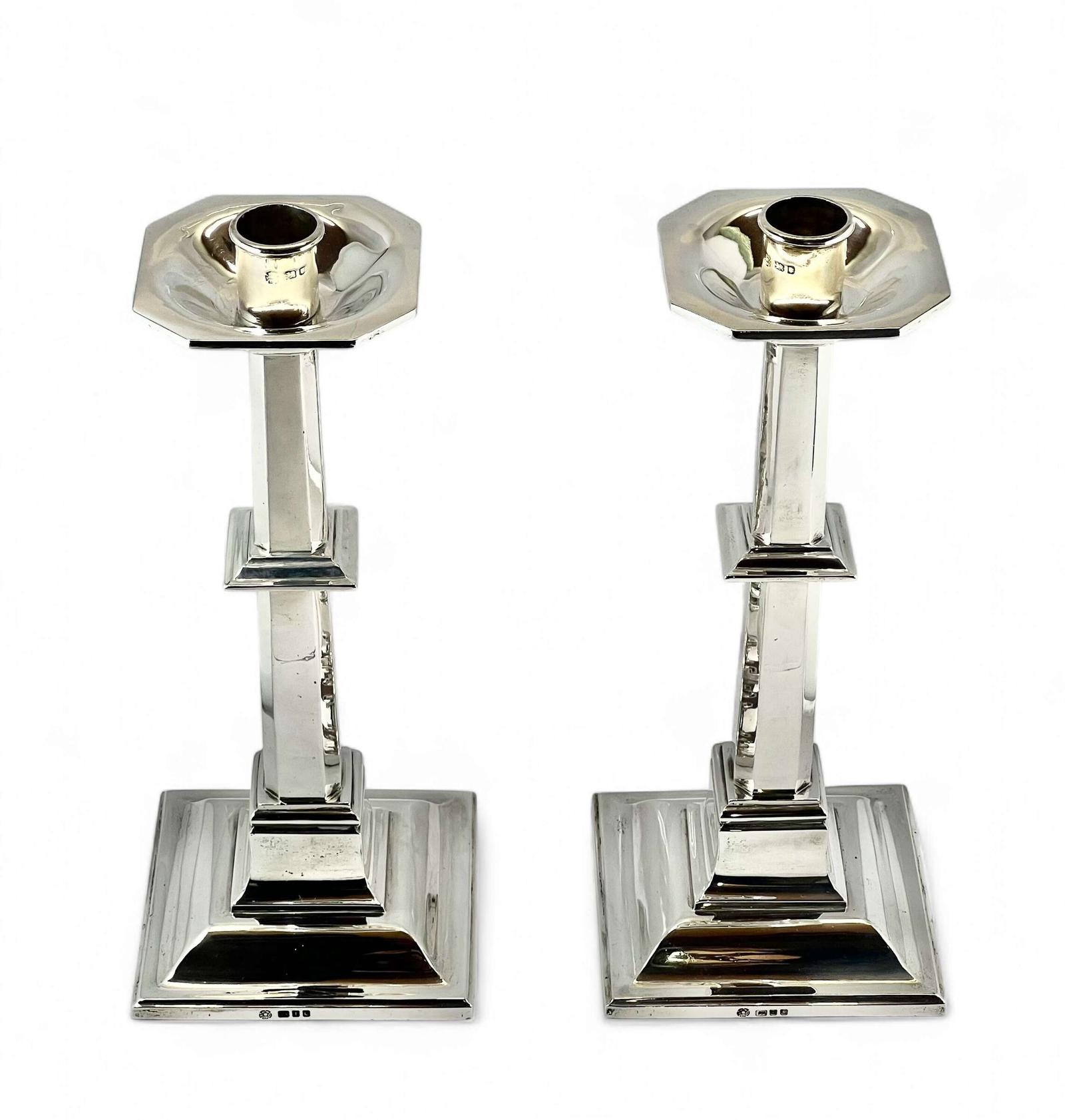 Art Deco Pair of Large Silver Candlesticks - London 1938 (1 of 8)