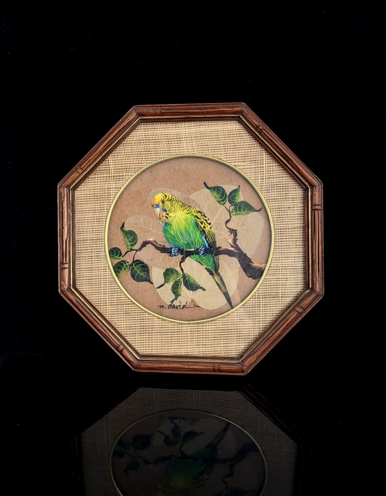 Vintage Retro Budgie Painting, Bamboo Effect Frame, Leaf Picture (1 of 14) Vintage Retro Budgie Painting, Bamboo Effect Frame, Leaf Picture (1 of 14)