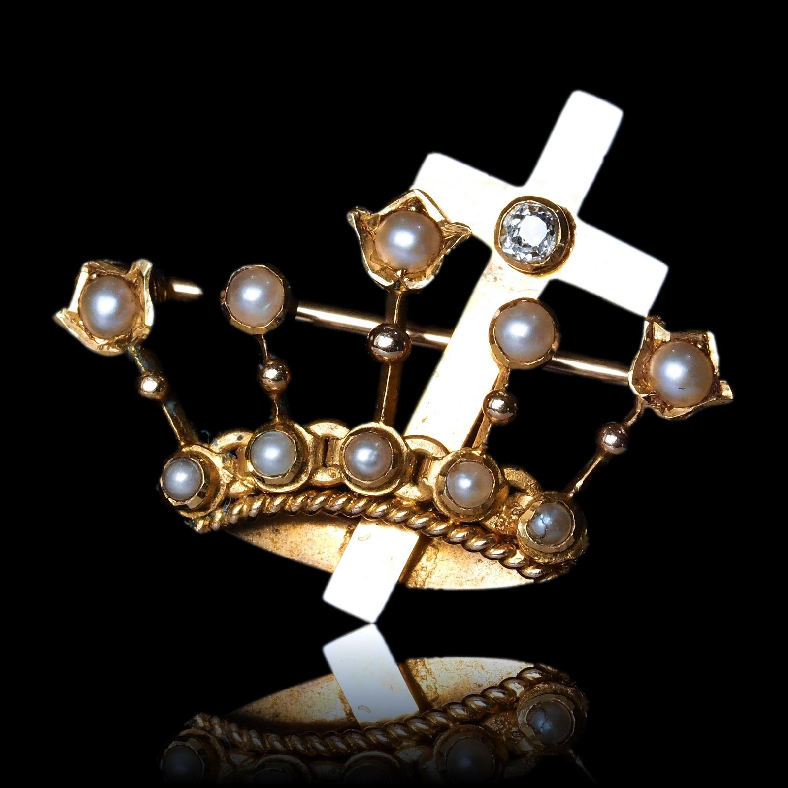 Antique Crown/Coronet Brooch Diamond & Pearls with Cross 15K Gold - c.1890 (1 of 18)