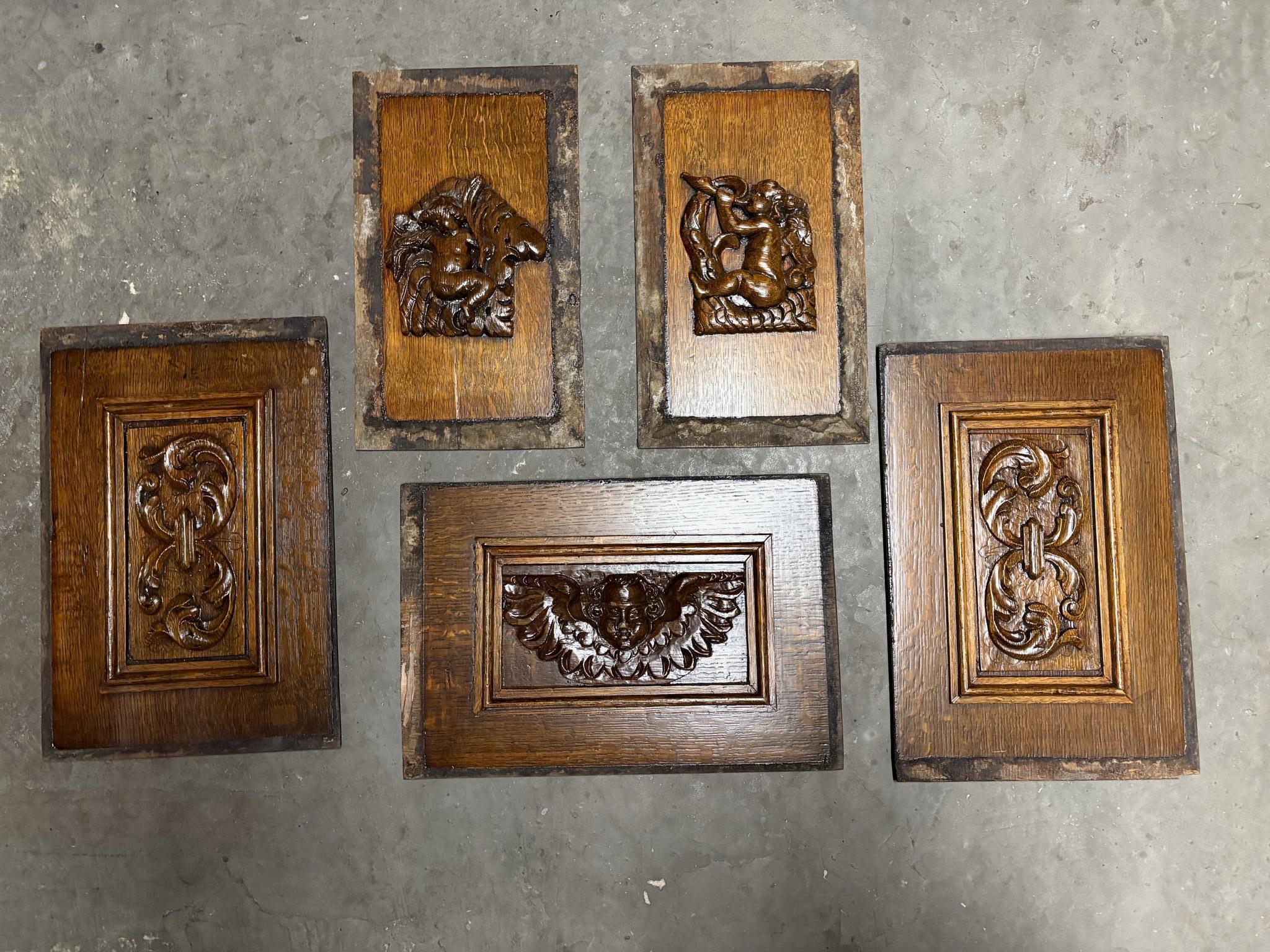 Set of Five 18th‑century Carved Oak Panels – Cherub & Putti, Northern Europe c.1700–1780 (1 of 11)