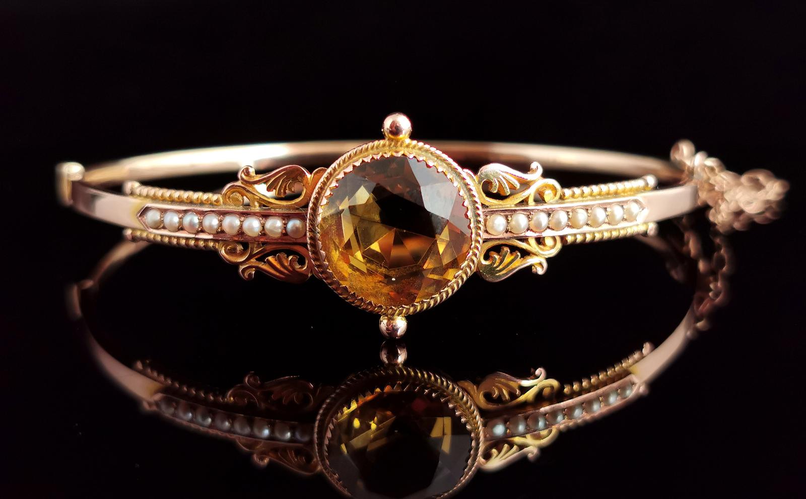 Antique Victorian Citrine & Pearl Bangle, 9ct Gold (1 of 14)