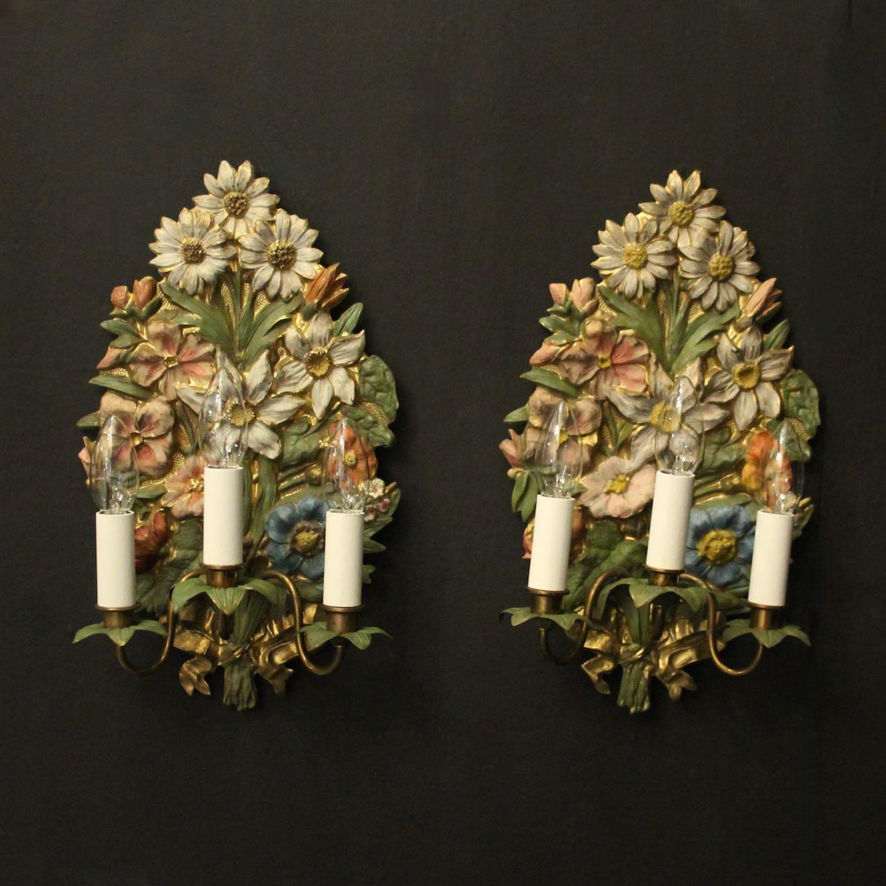 French Polychrome Floral Triple Arm Wall Lights (1 of 10)