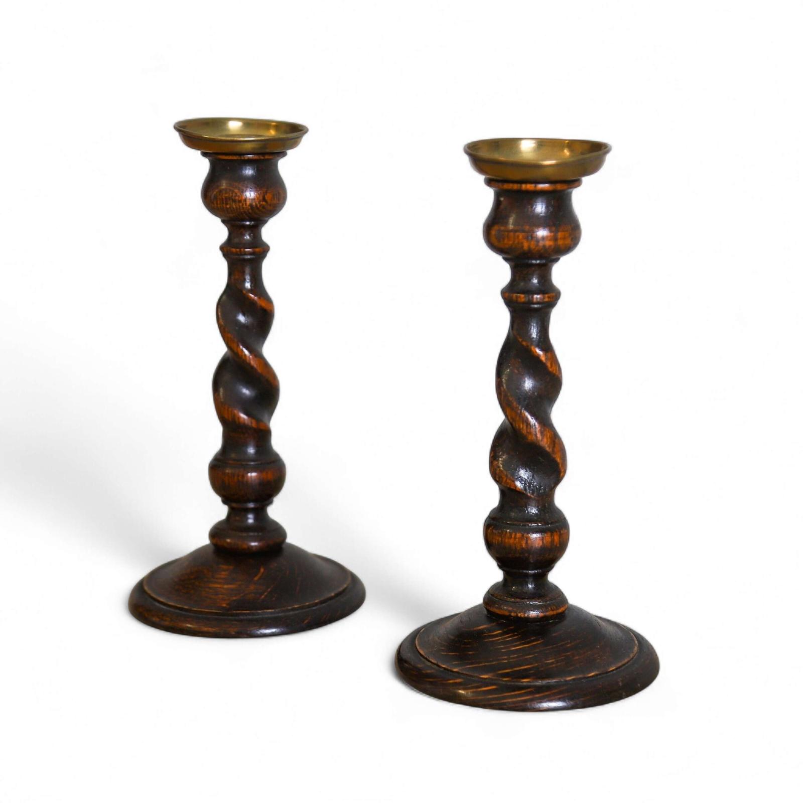 Pair of Small Victorian Oak Barley Twist Candlesticks with Brass Holders (1 of 7)