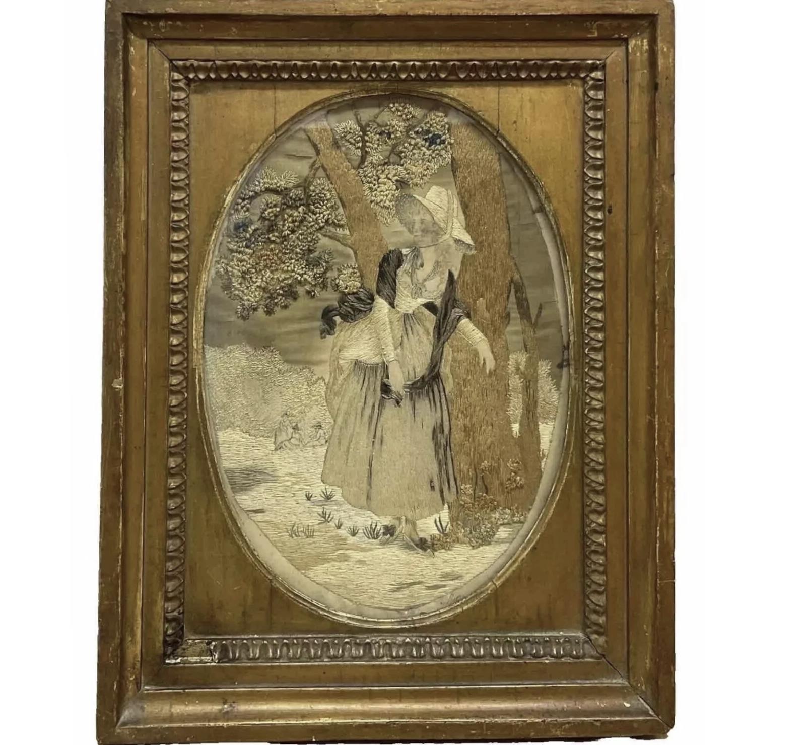 Georgian Silkwork Embroidery of Lady Figure Wandering in The Woods Antique c.1800 (1 of 5) Georgian Silkwork Embroidery of Lady Figure Wandering in The Woods Antique c.1800 (1 of 5)