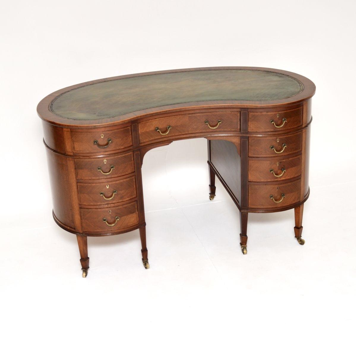 Antique Edwardian Inlaid Mahogany Leather Top Kidney Shaped Desk (1 of 13)