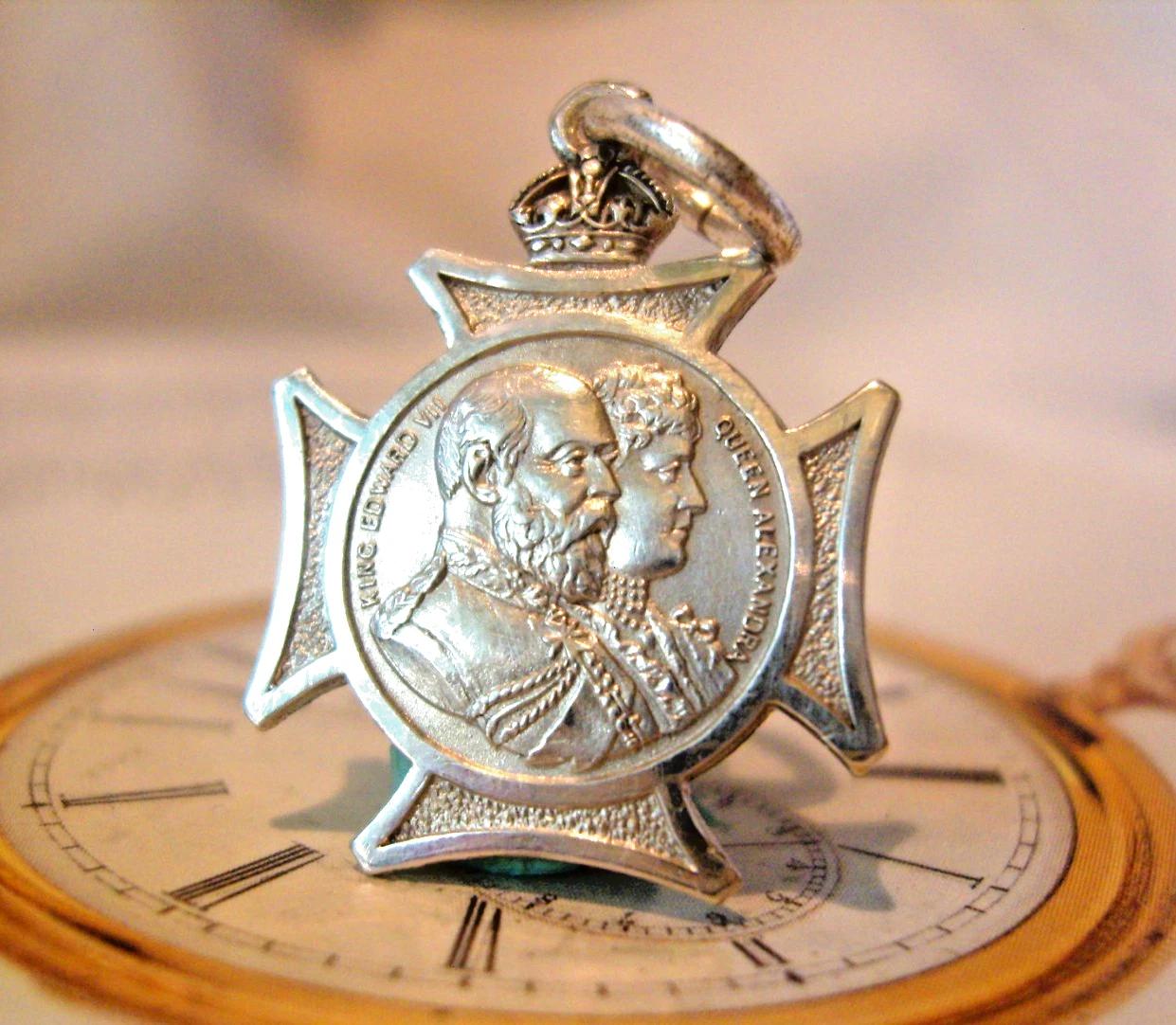 Silver Pocket Watch Chain Fob 1902 Coronation King Edward VII Antique Dainty Fob (1 of 9)