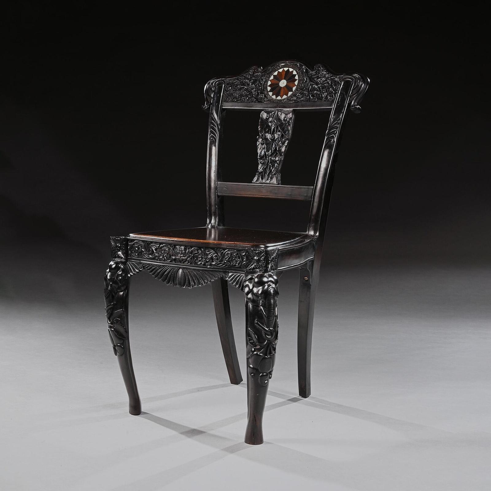 Ceylonese 19th Century Carved Ebony Side Chair with Specimen Inlay Galle District (1 of 8)