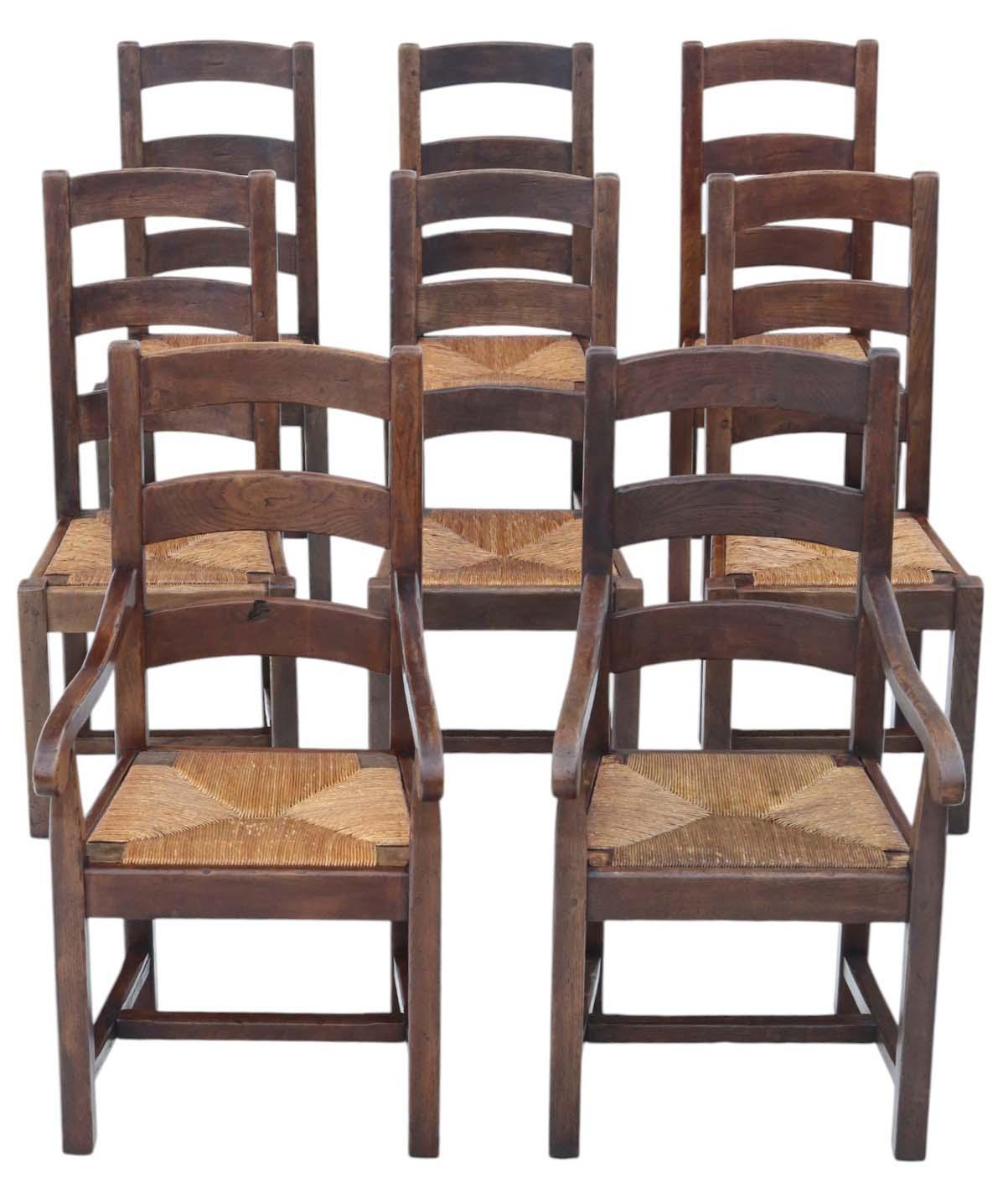 Antique Vintage Set of 8 Oak Dining Chairs c.1930 – 6 Side Chairs + 2 Armchairs, Heavy Solid Kitchen Seating (1 of 9) Antique Vintage Set of 8 Oak Dining Chairs c.1930 – 6 Side Chairs + 2 Armchairs, Heavy Solid Kitchen Seating (1 of 9)