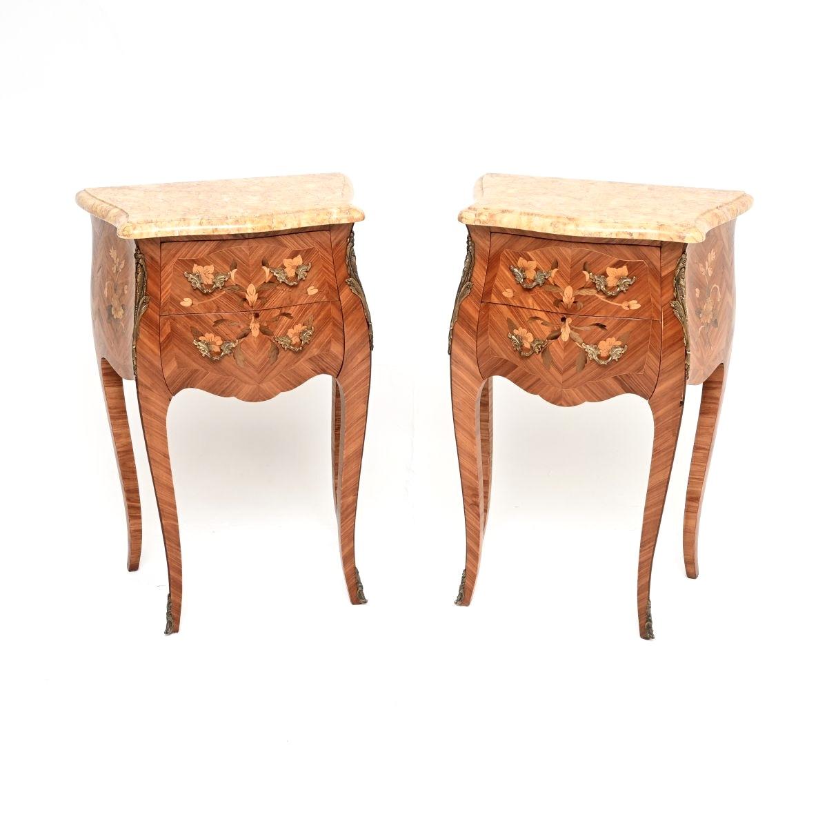 Pair of Antique French Inlaid Marquetry Marble Top Bedside Chests (1 of 11) Pair of Antique French Inlaid Marquetry Marble Top Bedside Chests (1 of 11)
