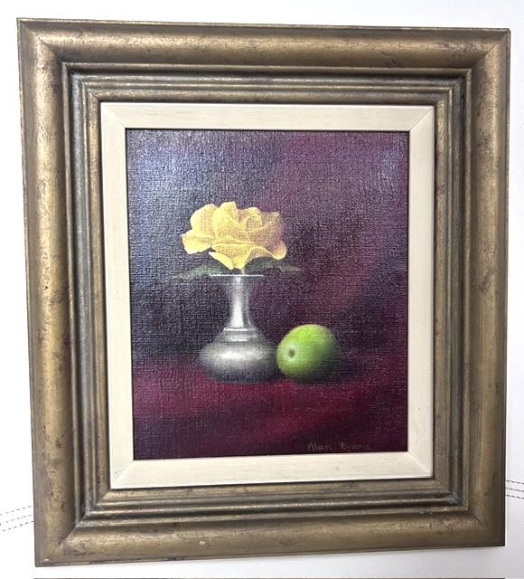Giltwood Framed Oil on Board Still Life Entitled "Jaune Rose Et Rine-Claude" by Artist Alan Evans (1 of 3) Giltwood Framed Oil on Board Still Life Entitled "Jaune Rose Et Rine-Claude" by Artist Alan Evans (1 of 3)