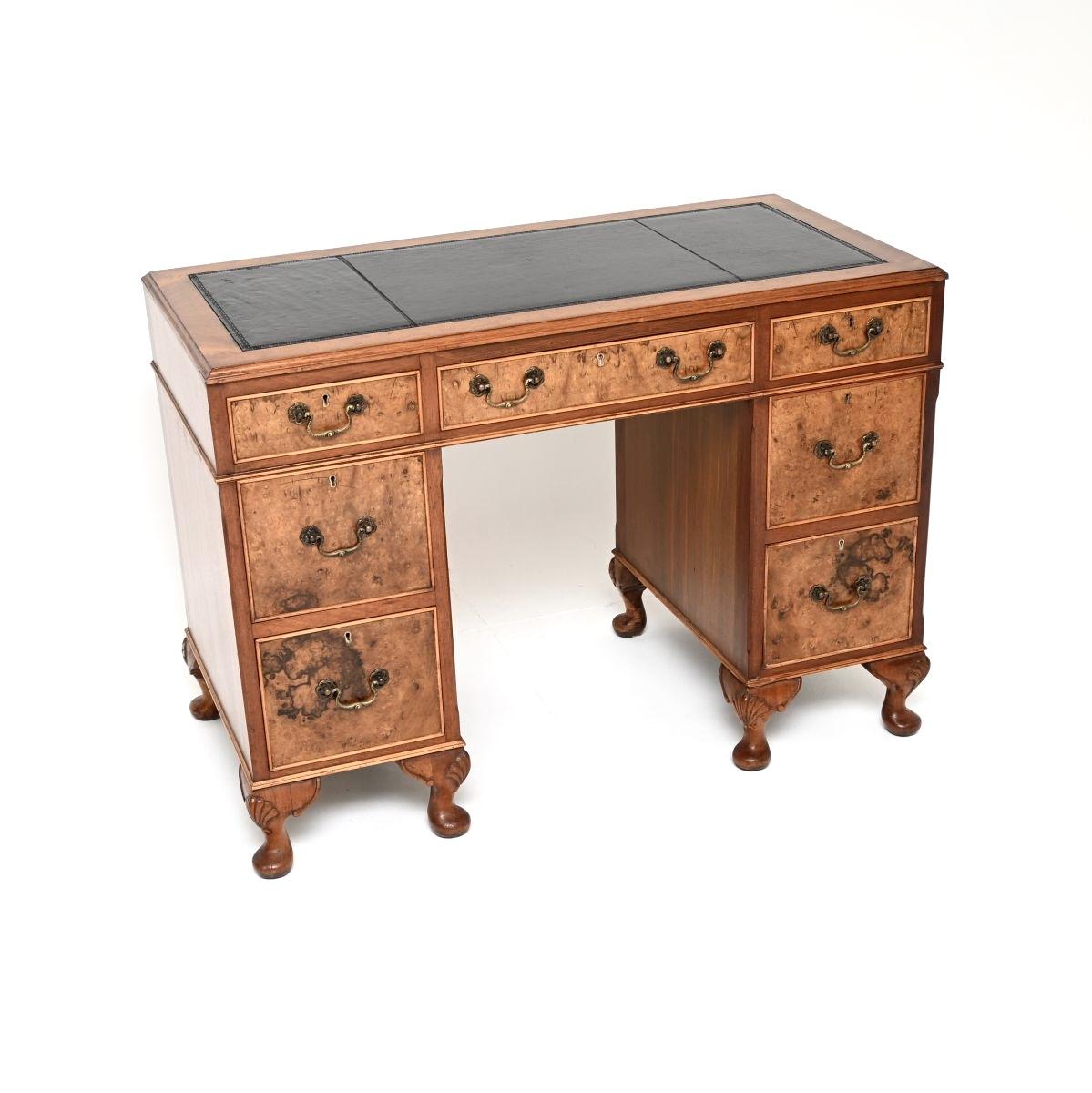 Burr Walnut Leather Top Pedestal Desk (1 of 8) Burr Walnut Leather Top Pedestal Desk (1 of 8)