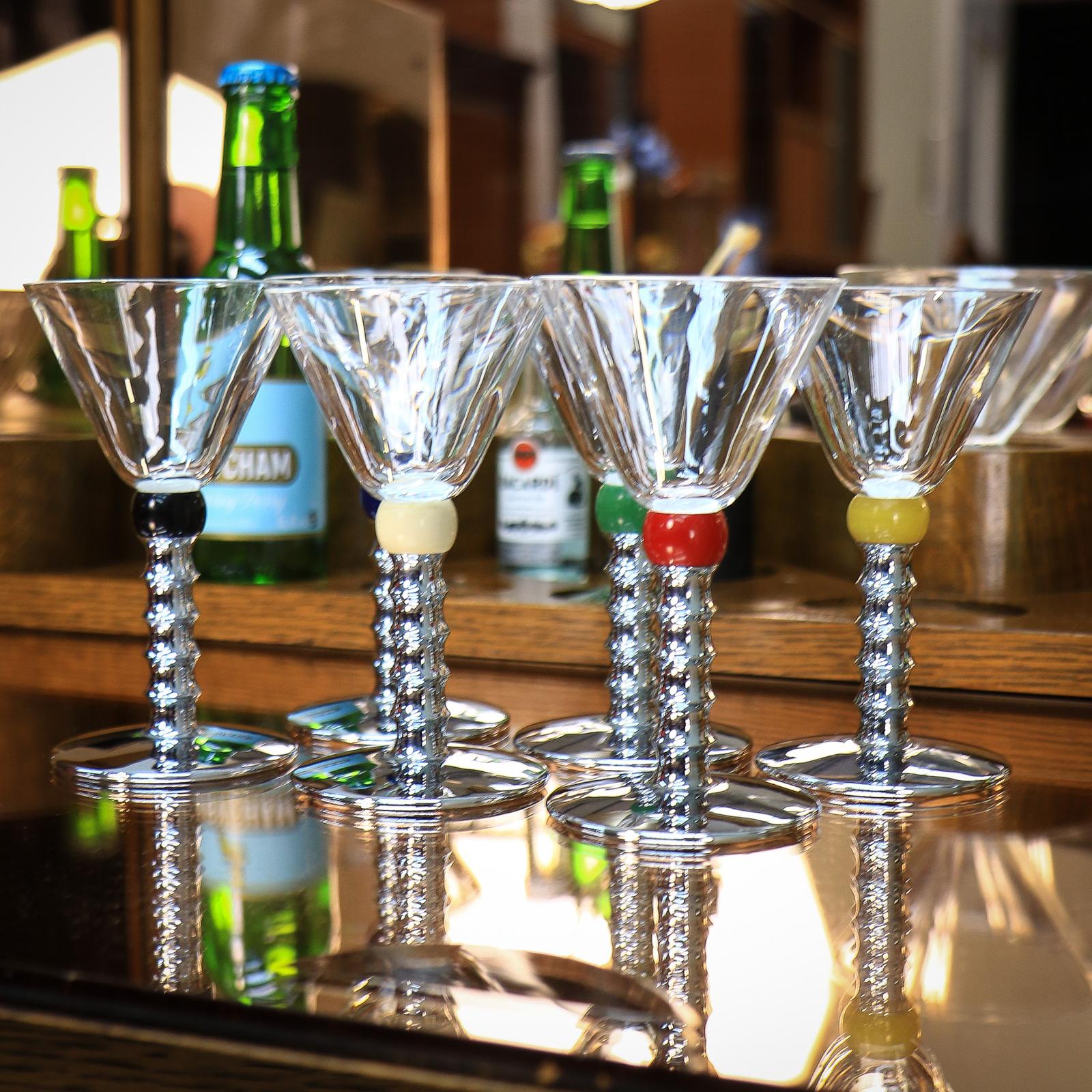 Six Art Deco Cocktail Martini Glasses on Chrome Stems with Coloured Accent Ball (1 of 17) Six Art Deco Cocktail Martini Glasses on Chrome Stems with Coloured Accent Ball (1 of 17)