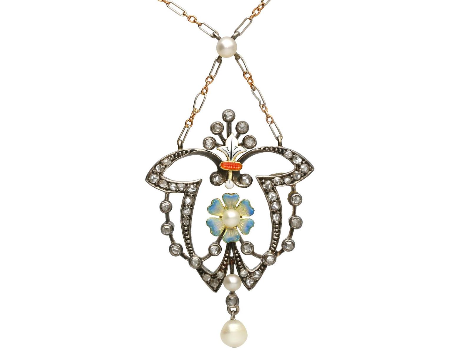 0.55ct Diamond Pearl & Enamel 12ct Yellow Gold & Silver Pendant Antique Victorian (1 of 9)