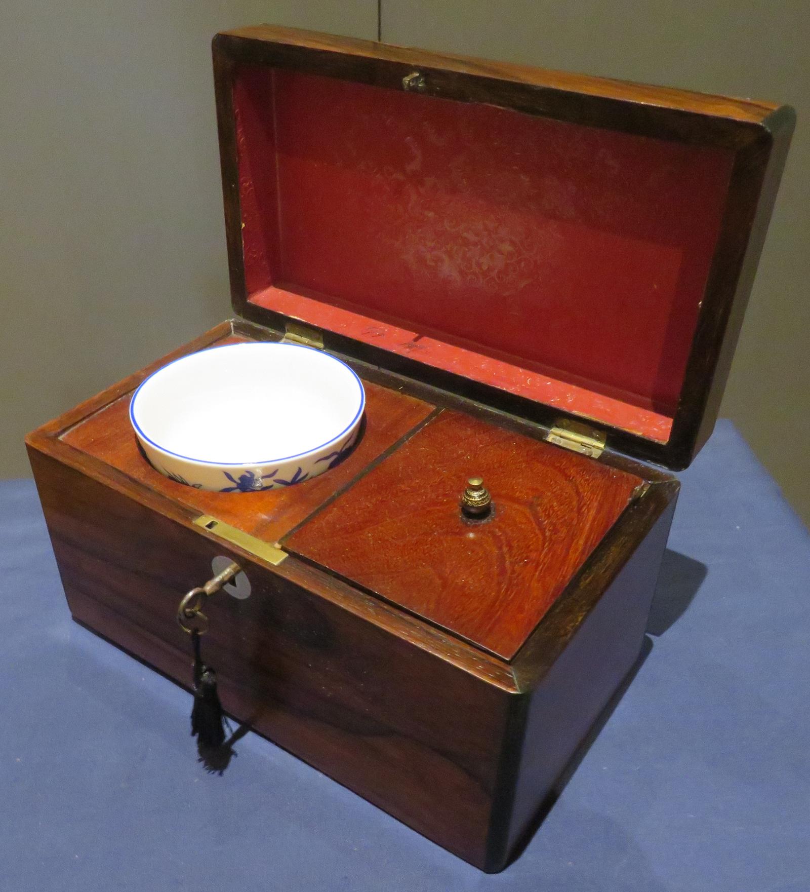 ROSEWOOD TEA CADDY WITH LIDDED COMPARTMENT AND BOWL (1 of 3)