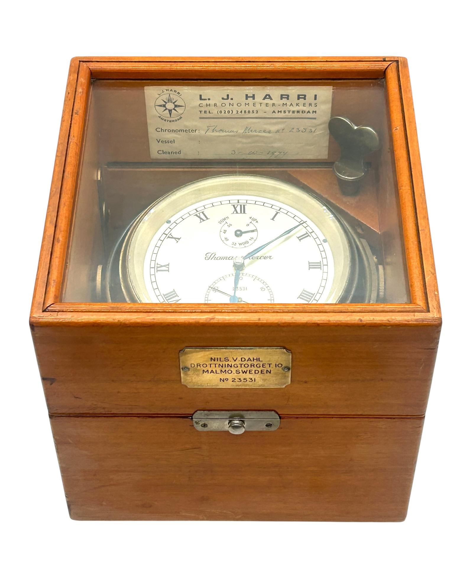 The Thomas Mercer Chronometer No. 23531 is a Historic Two-day Marine Chronometer Manufactured by Thomas Mercer Ltd (1 of 11) The Thomas Mercer Chronometer No. 23531 is a Historic Two-day Marine Chronometer Manufactured by Thomas Mercer Ltd (1 of 11)