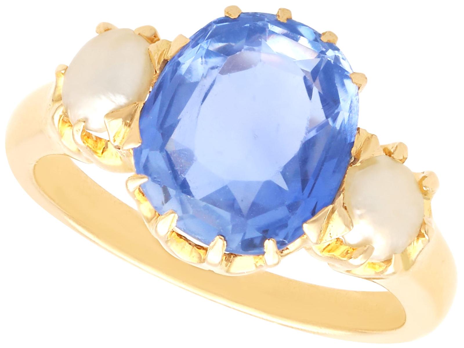 Antique 3.80ct Ceylon Sapphire & Natural Pearl, 18ct Yellow Gold Trilogy Ring c.1900 (1 of 14)