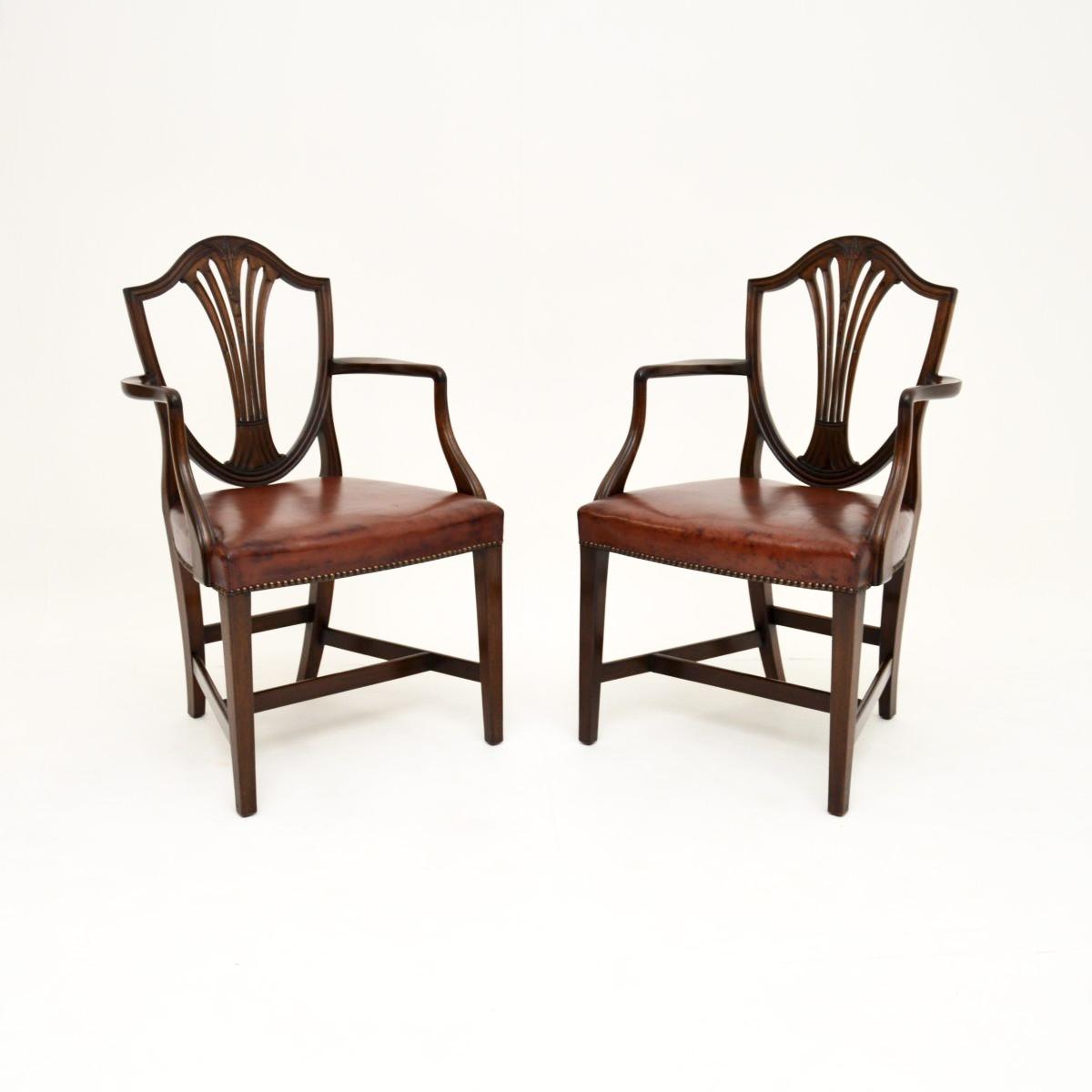 Pair of Antique Mahogany & Leather Carver Armchairs (1 of 8)