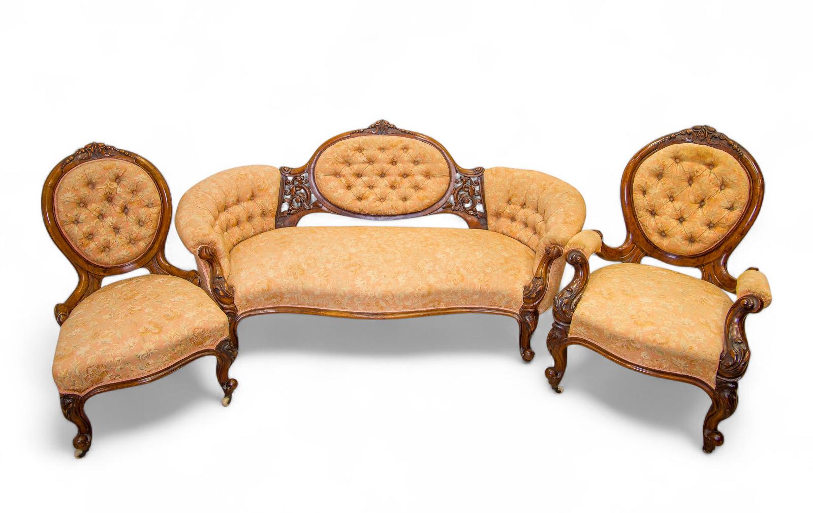 Antique Victorian Carved Walnut 3 Piece Suite - Settee & 2 Chairs (1 of 8)