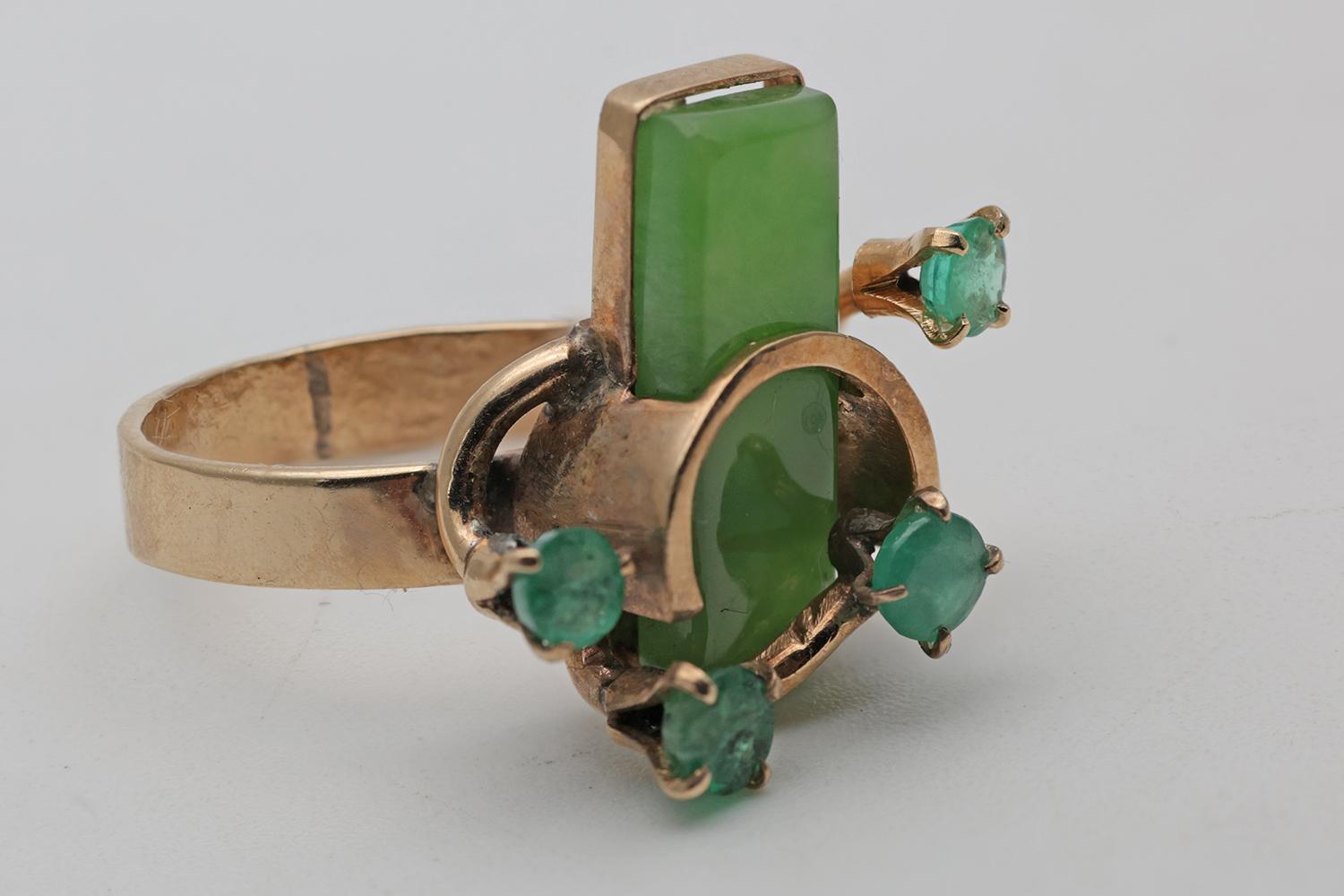 Unusual Mid-Century Gold Ring Set with Nephrite and Emeralds (1 of 4) Unusual Mid-Century Gold Ring Set with Nephrite and Emeralds (1 of 4)