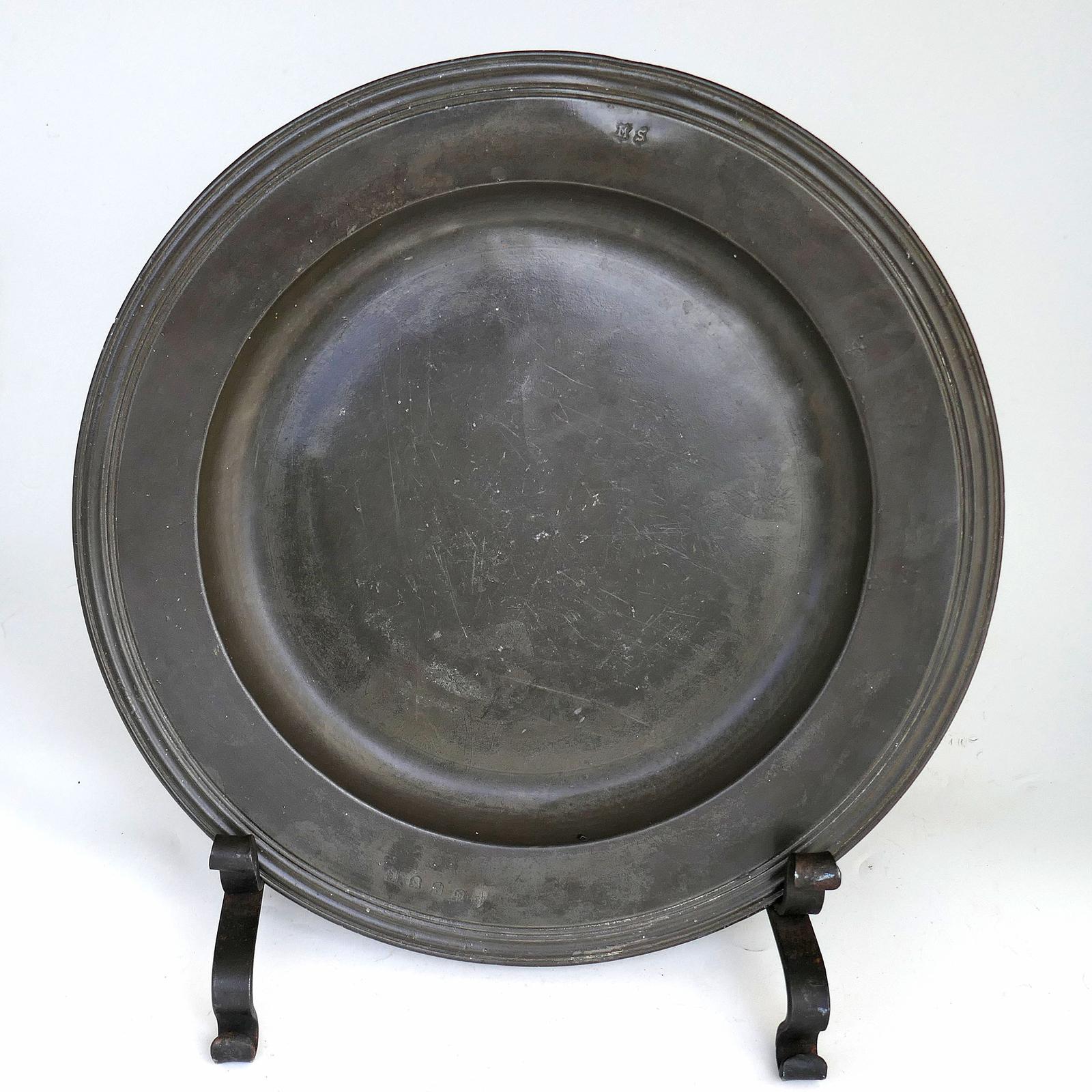 Antique 17th Century Pewter Triple Reeded Charger with Owners Initials MS. English (1 of 5) Antique 17th Century Pewter Triple Reeded Charger with Owners Initials MS. English (1 of 5)