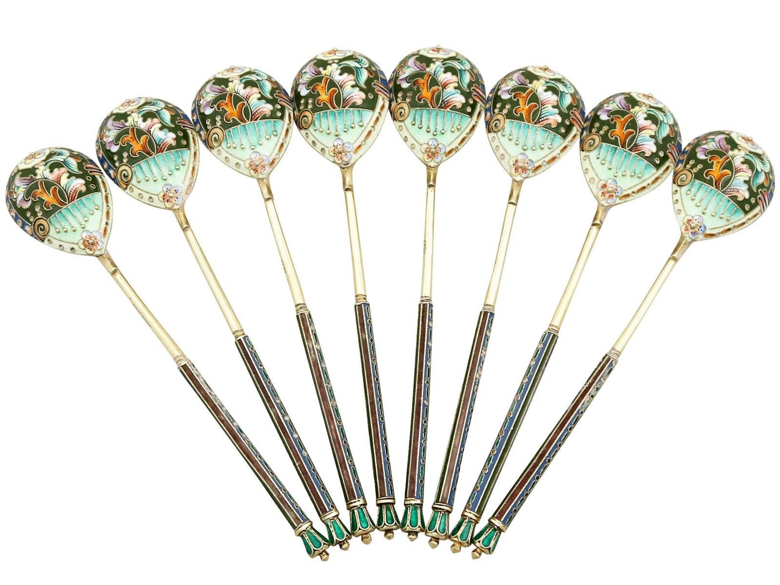 Vintage Russian Silver Gilt & Polychrome Cloisonne Enamel Spoons c.1945 (1 of 10)