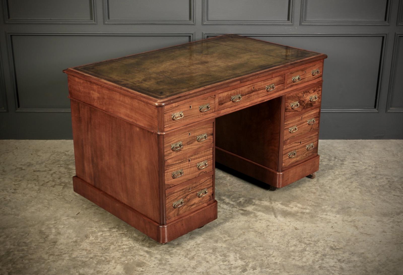 Victorian Walnut & Leather Pedestal Desk (1 of 12) Victorian Walnut & Leather Pedestal Desk (1 of 12)