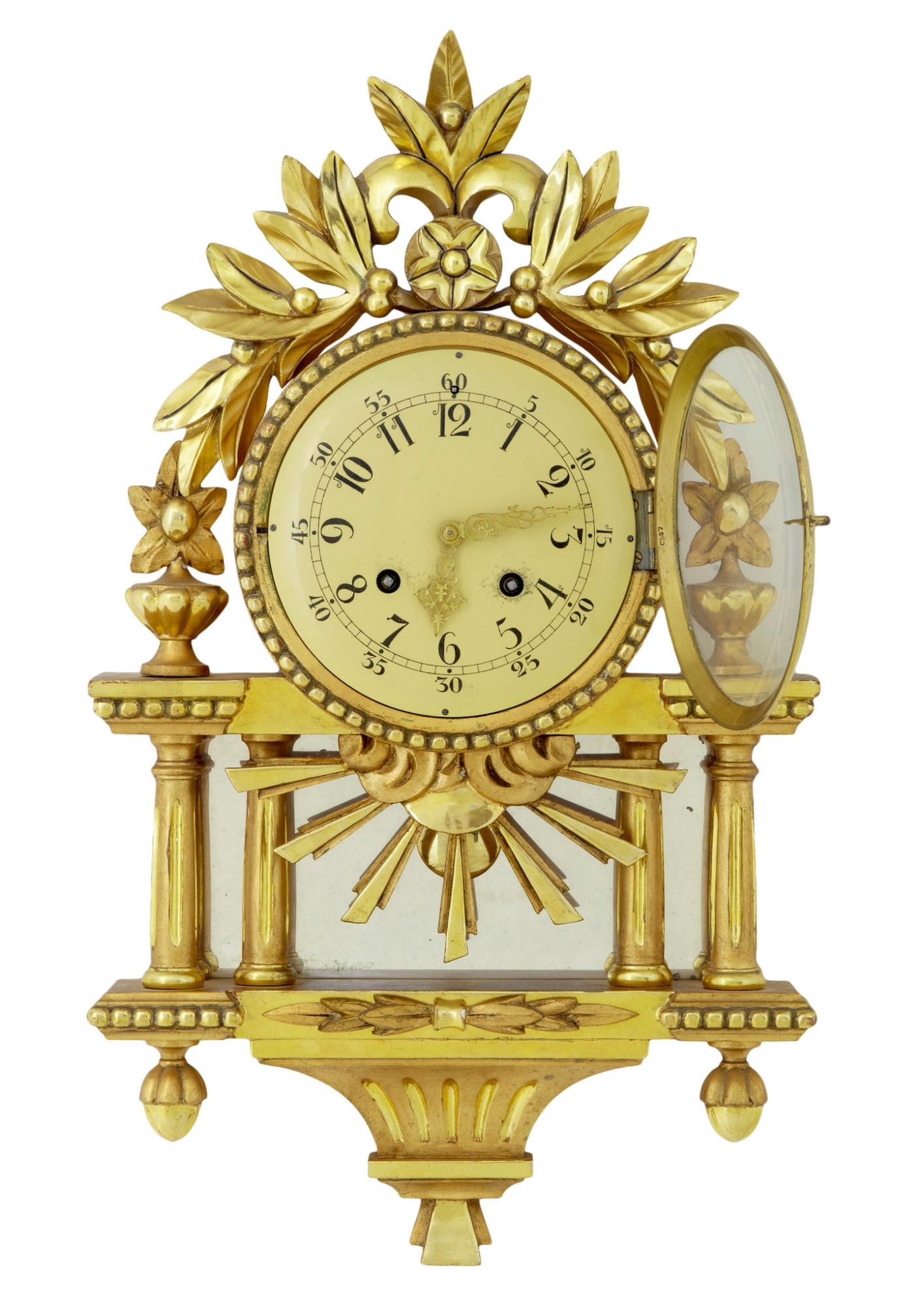 20th Century Swedish Gilt Carved Wood Wall Clock (1 of 6)