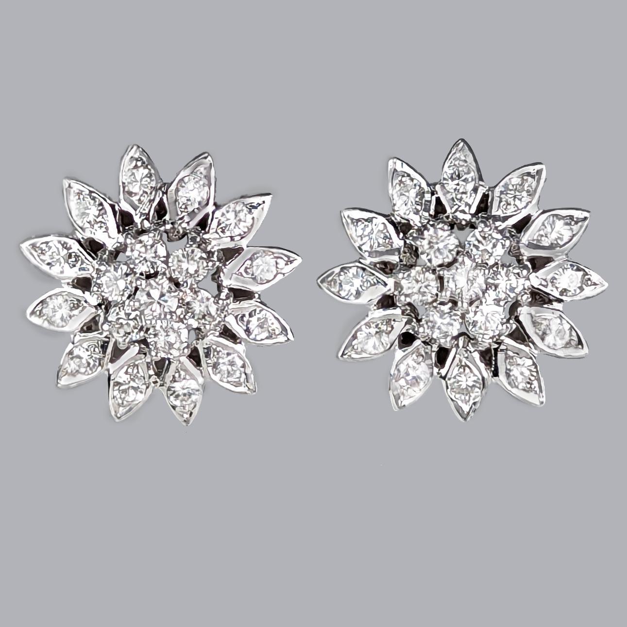Vintage 1950s Diamond Cluster Earrings Approx. 1.5ct of Brilliant Cut Diamonds 18ct White Gold Daisy Design Clip-ons (1 of 10)