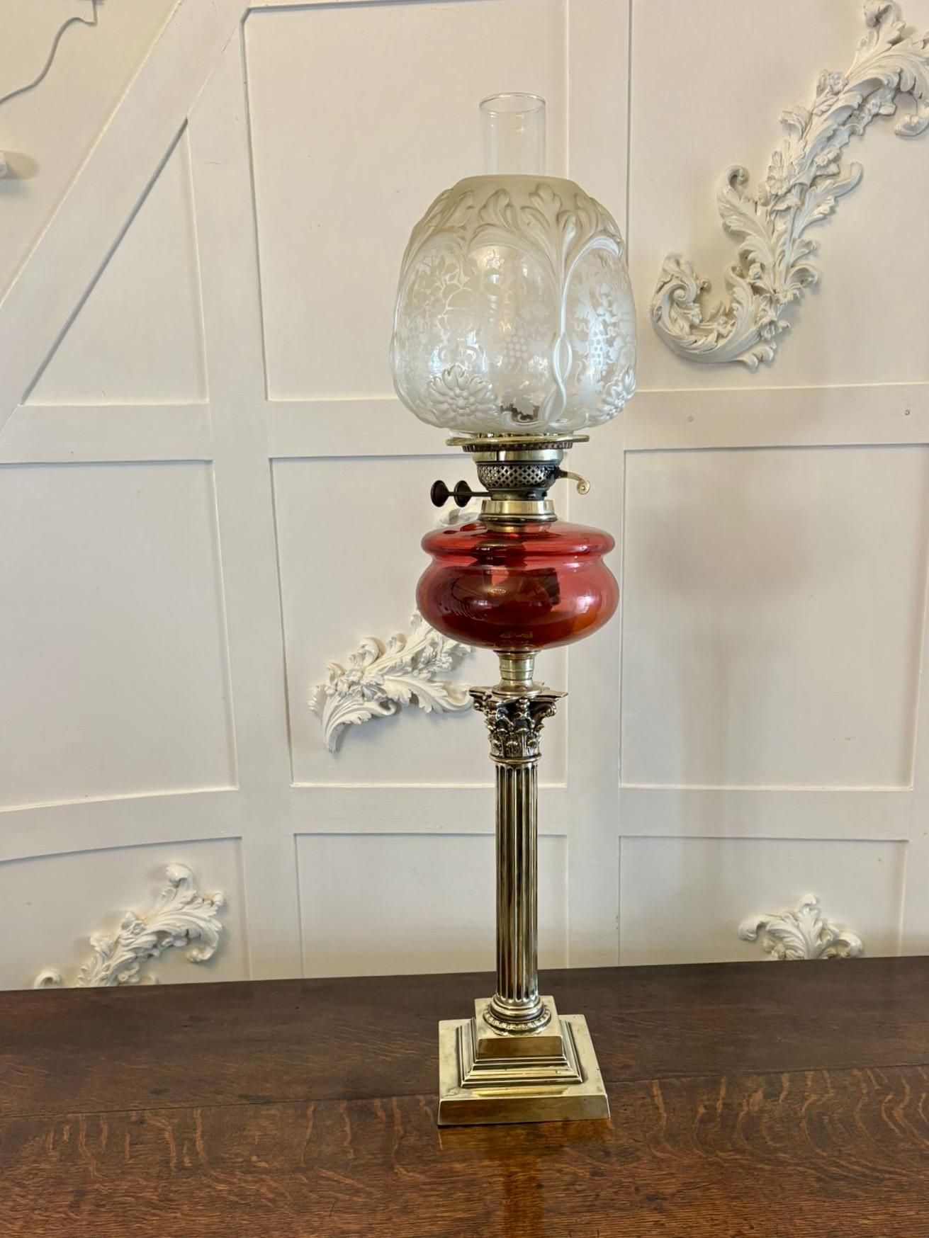 Antique Victorian Cranberry Glass Oil Lamp on Brass Corinthian Column (1 of 10)