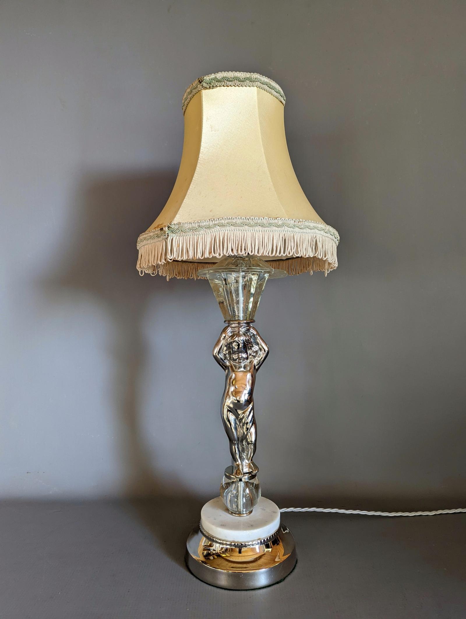 1920s Nickel Plate & Cut Glass Cherub Lamp (1 of 9)