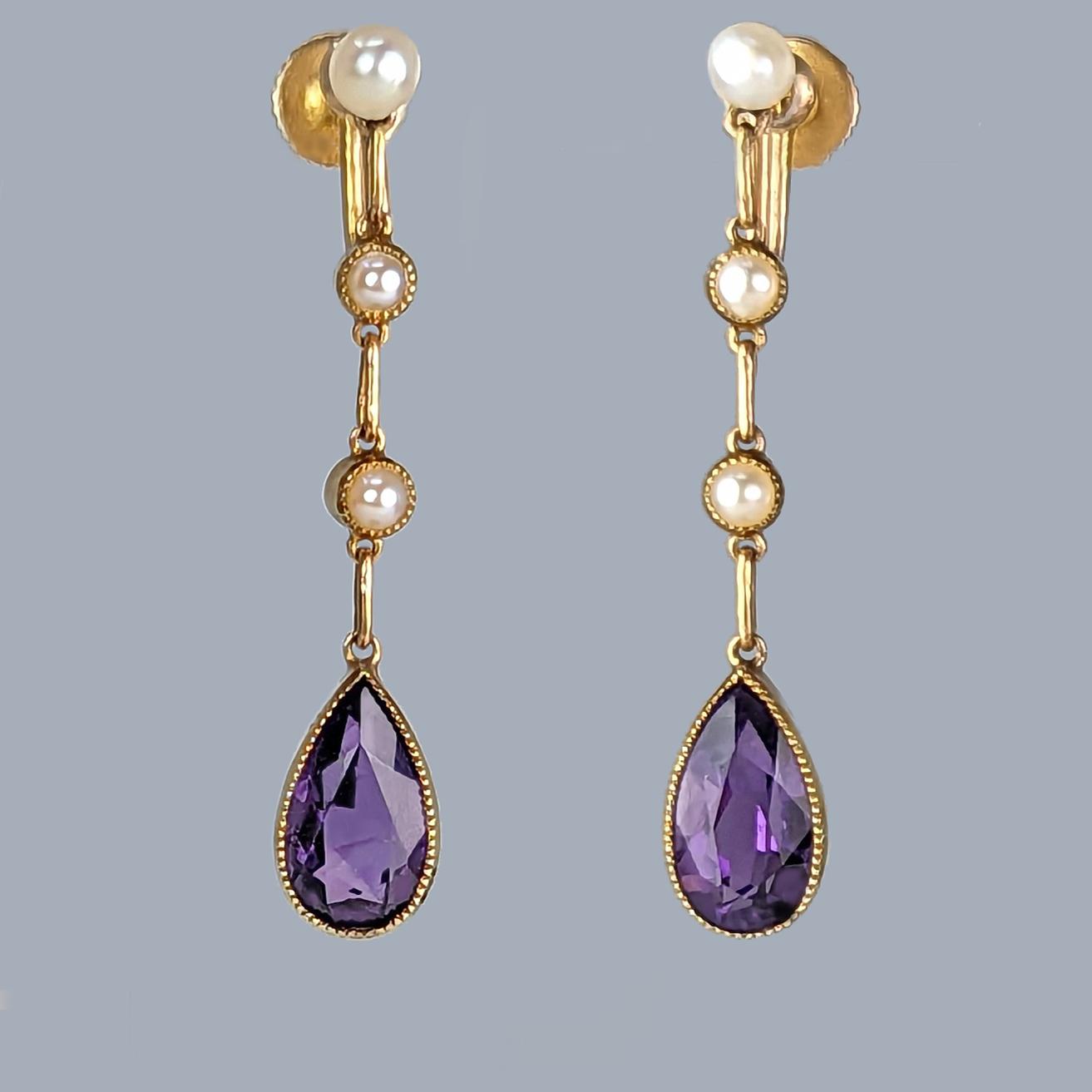Victorian Amethyst & Pearl Drop Earrings - 15ct Gold -  Elegant Antique Screw-back Earrings c.1890 (1 of 5)