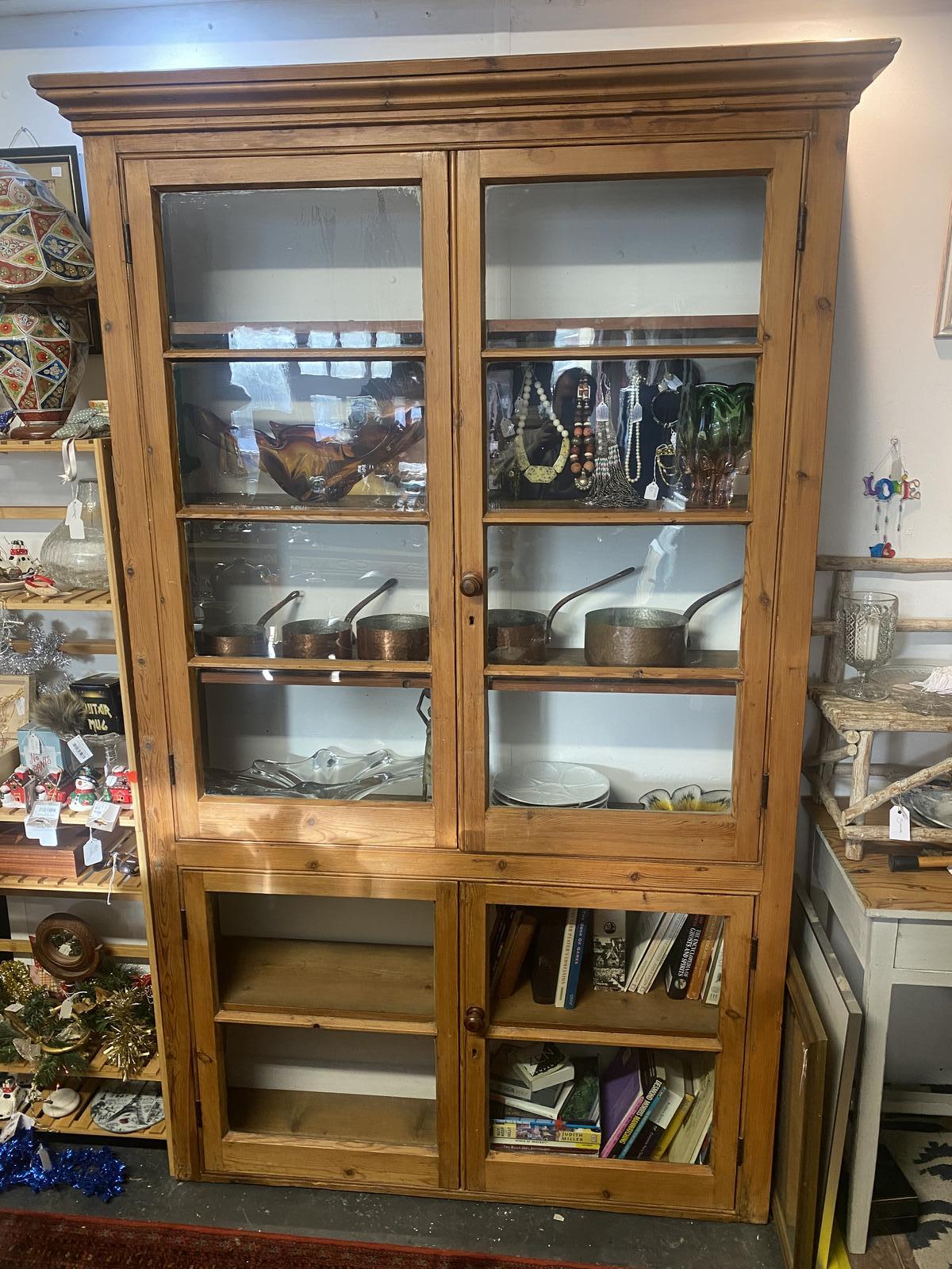 Tall Antique Pine Bookcase with Lovely Glass Doors Bookcase